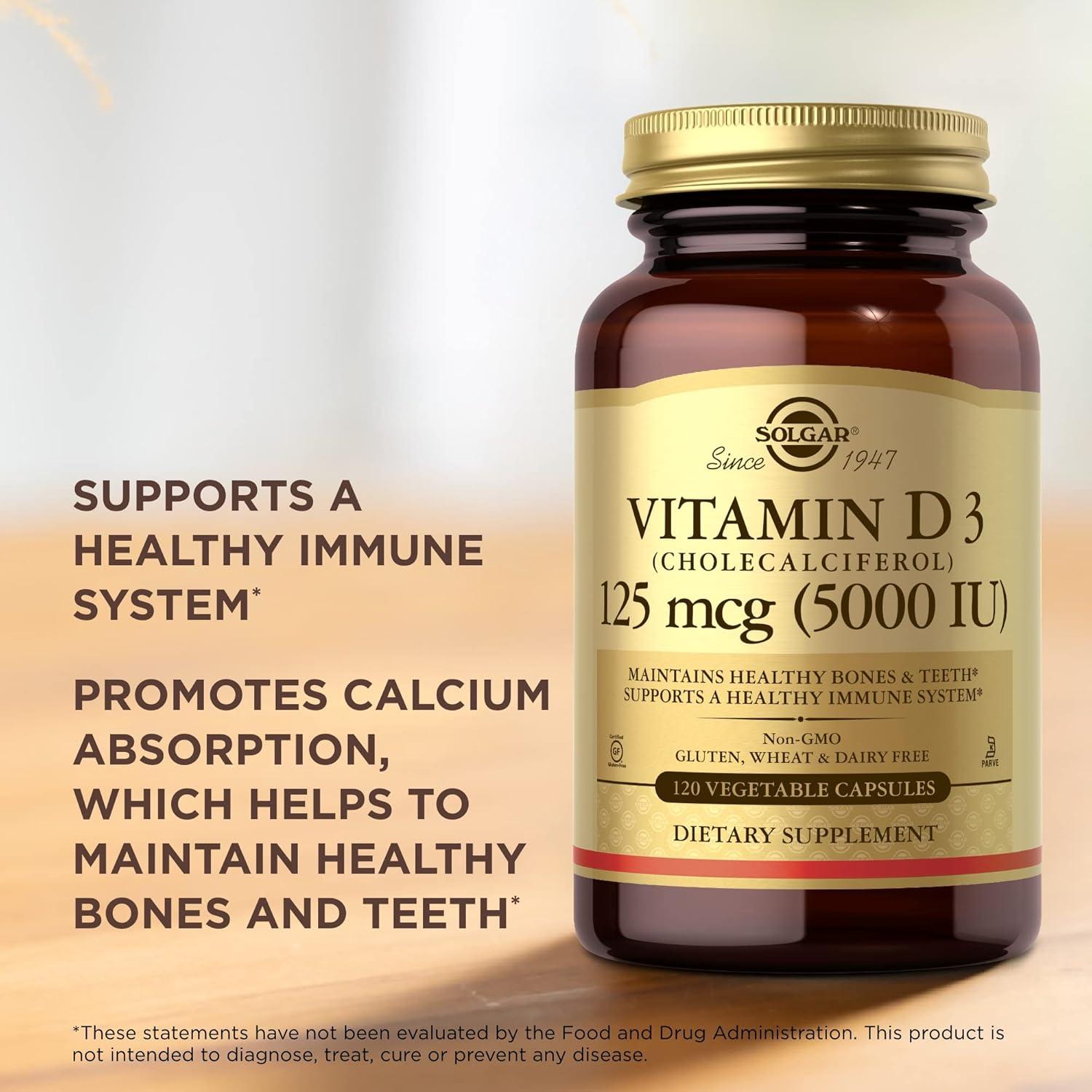 Vitamina D3 Solgar 125 mcg 120 Cápsulas Vegetales - Inmunidad y Huesos