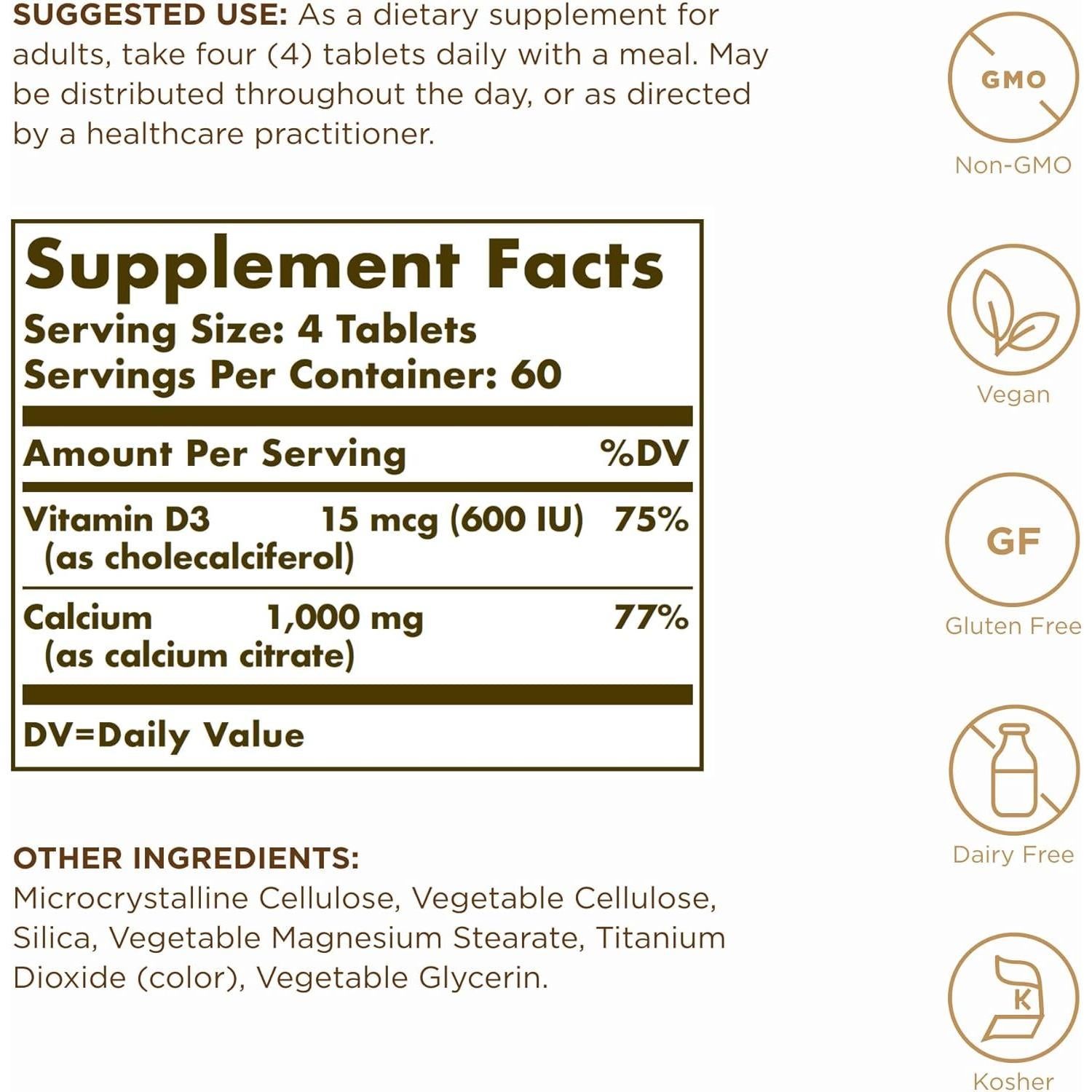 Suplemento de Citrato de Calcio Solgar con Vitamina D3 240 Tabletas