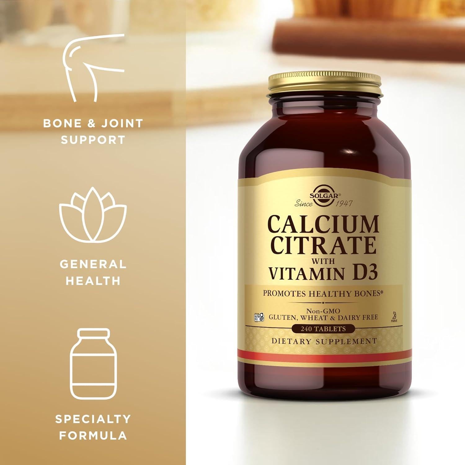 Suplemento de Citrato de Calcio Solgar con Vitamina D3 240 Tabletas