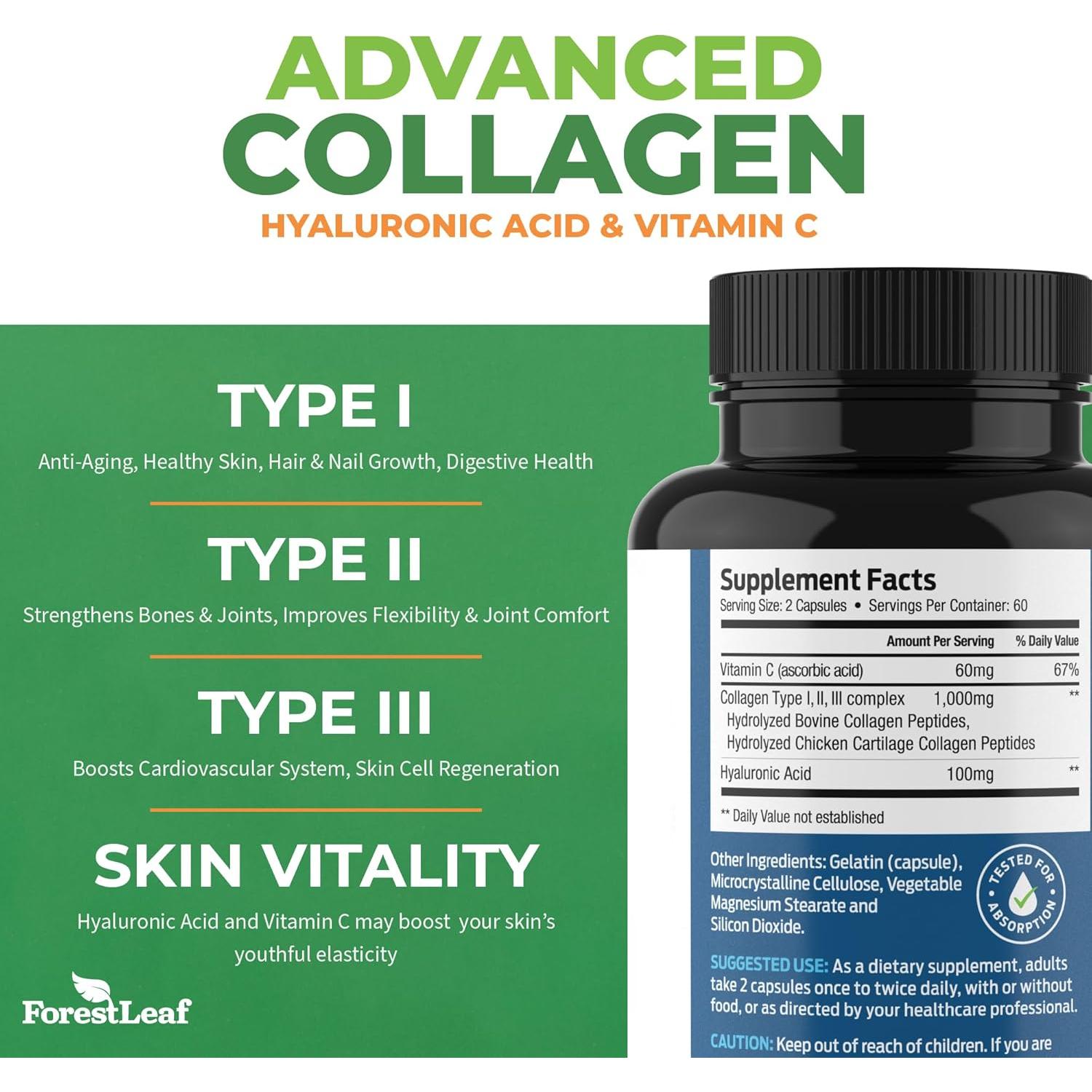 Colágeno Múltiple ForestLeaf 120 Caps con Ácido Hialurónico y Vitamina C