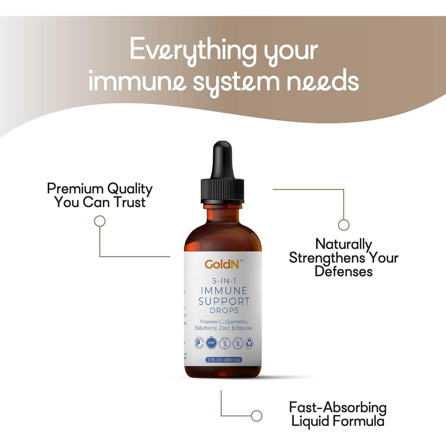 GoldN Gotas Inmunológicas 5-en-1 | Vitamina C, Zinc, Quercetina | 60ml