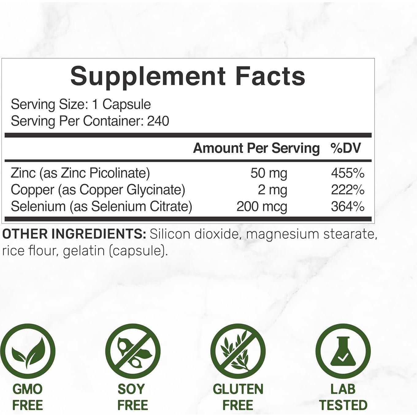 Suplemento de Zinc 50mg con Selenio y Cobre - 240 Cápsulas