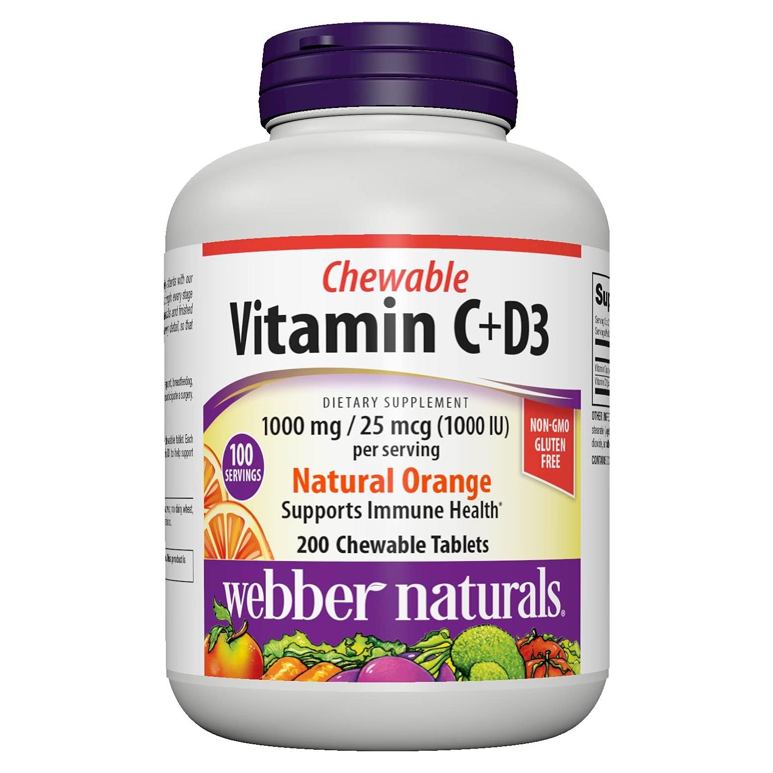 Webber Naturals Vitamina C+D3 Masticable 200 Tabletas 1000 mg