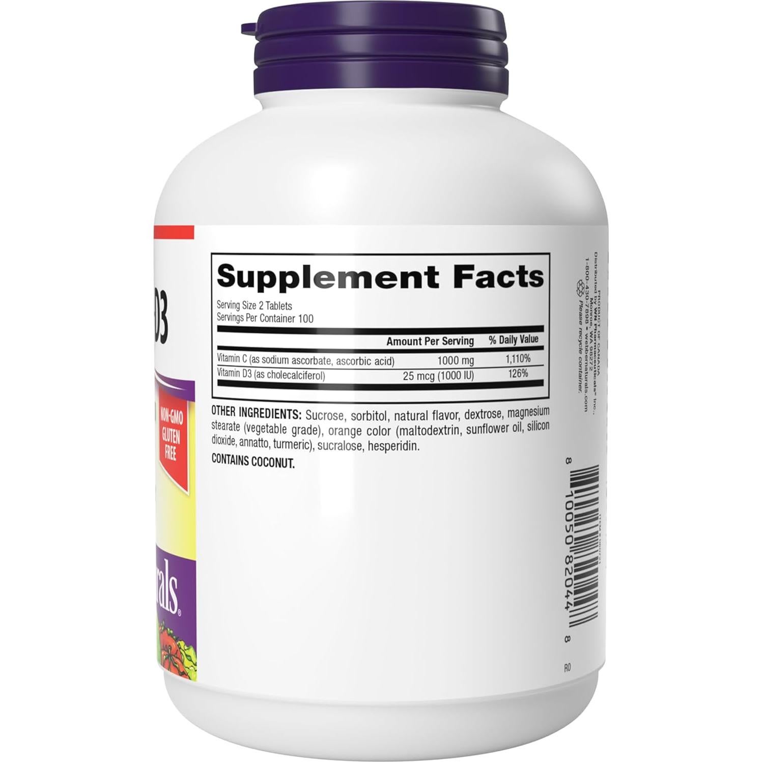 Webber Naturals Vitamina C+D3 Masticable 200 Tabletas 1000 mg