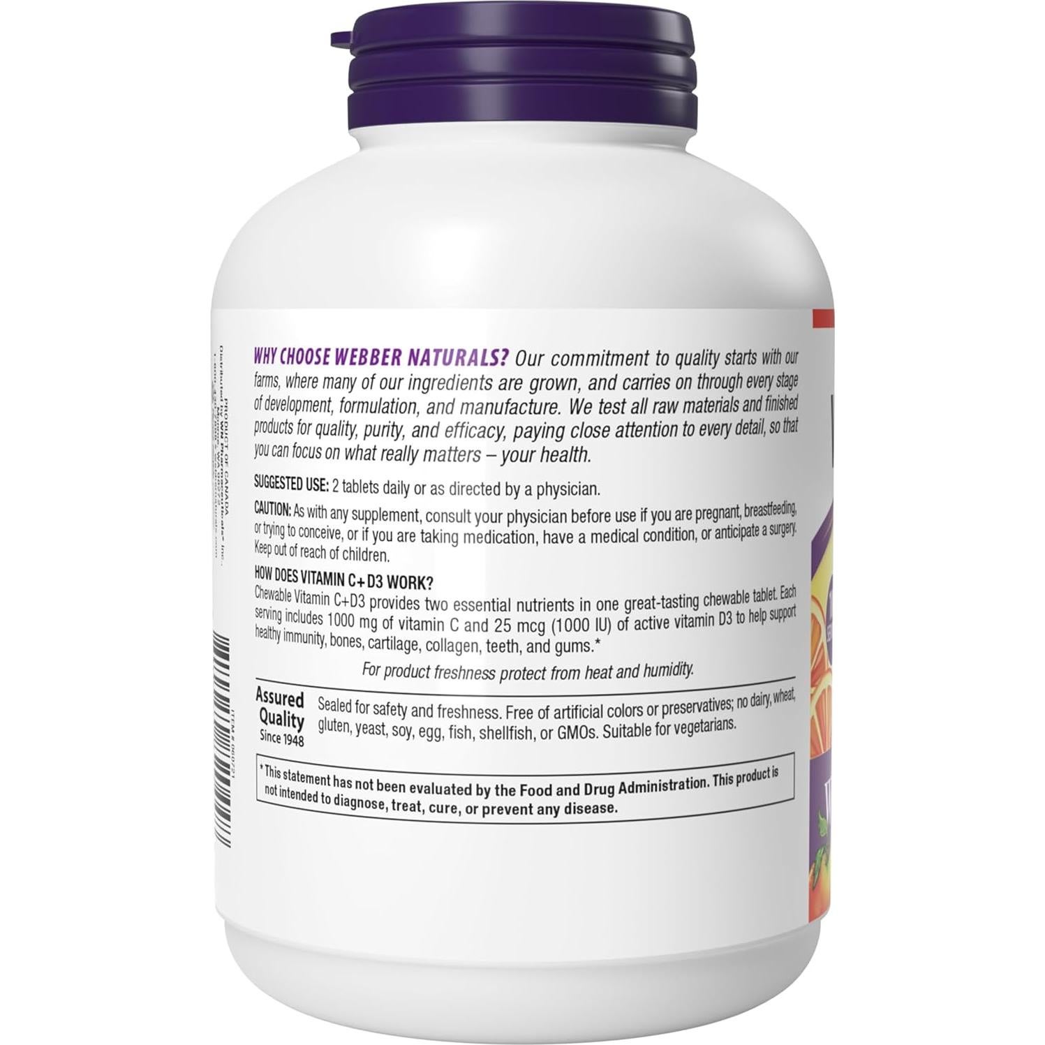 Webber Naturals Vitamina C+D3 Masticable 200 Tabletas 1000 mg