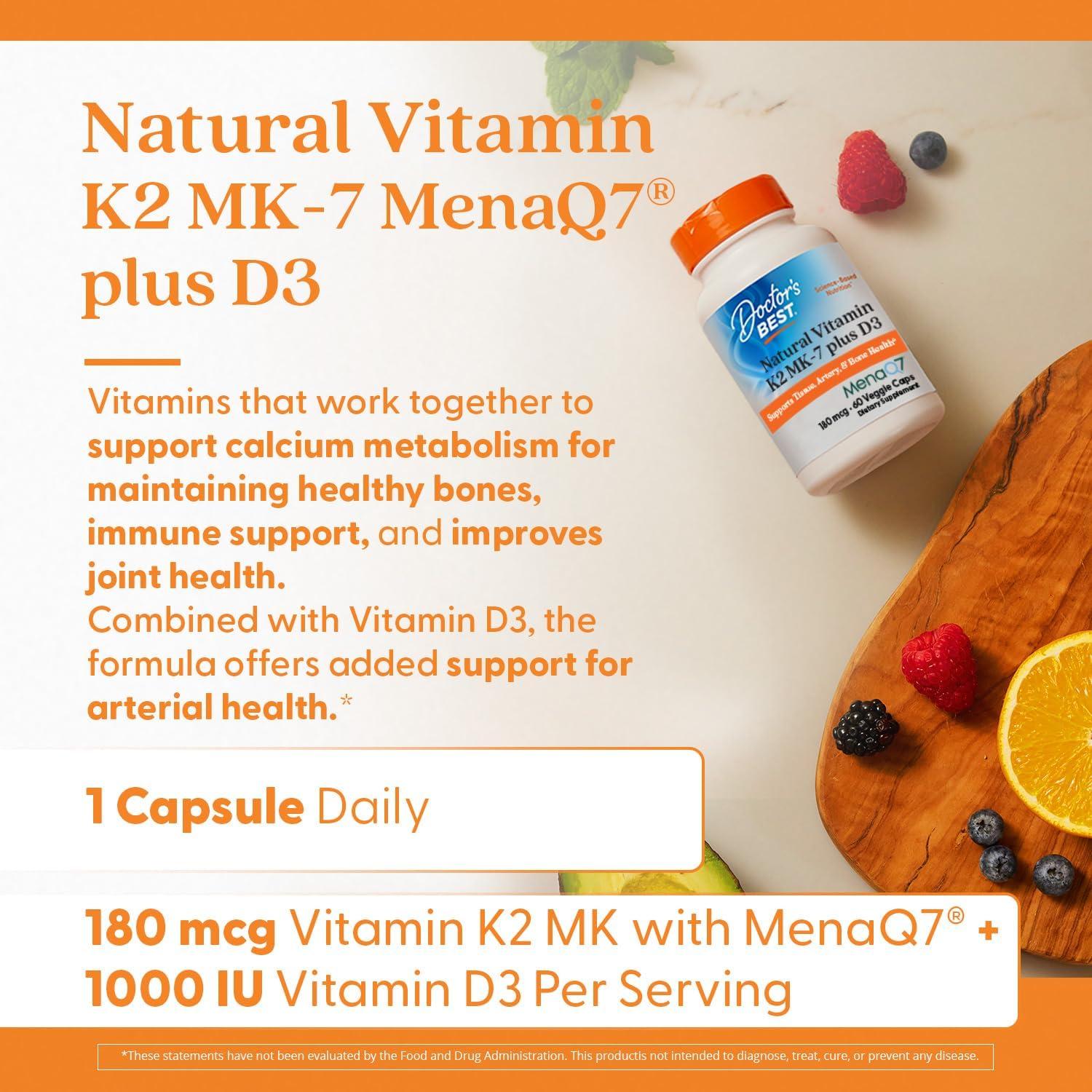 Vitaminas K2 MK-7 Plus D3 Doctor's Best 60 Cápsulas Vegetales