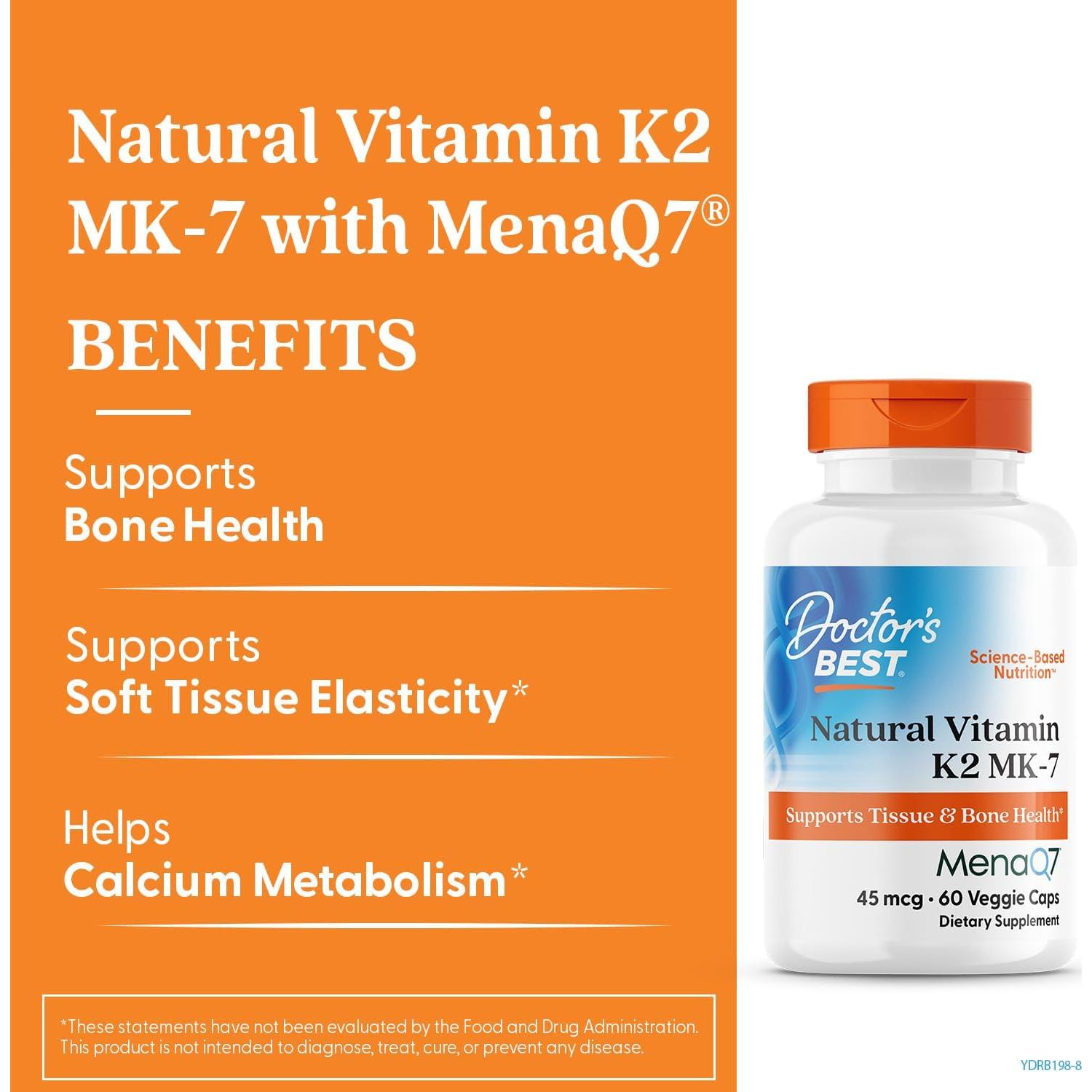 Vitaminas K2 MK-7 Doctor's Best 60 Cápsulas Veganas Sin Gluten