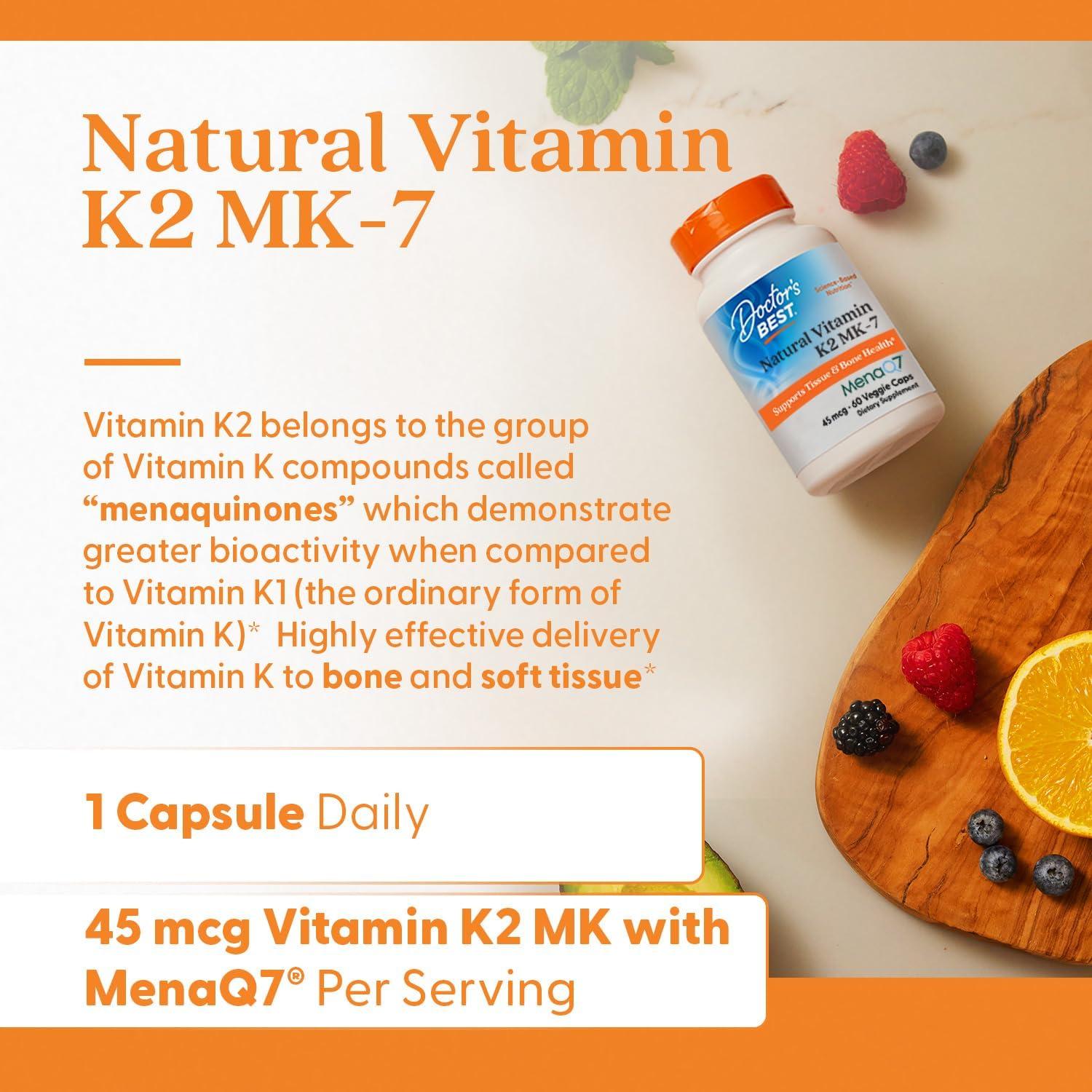 Vitaminas K2 MK-7 Doctor's Best 60 Cápsulas Veganas Sin Gluten