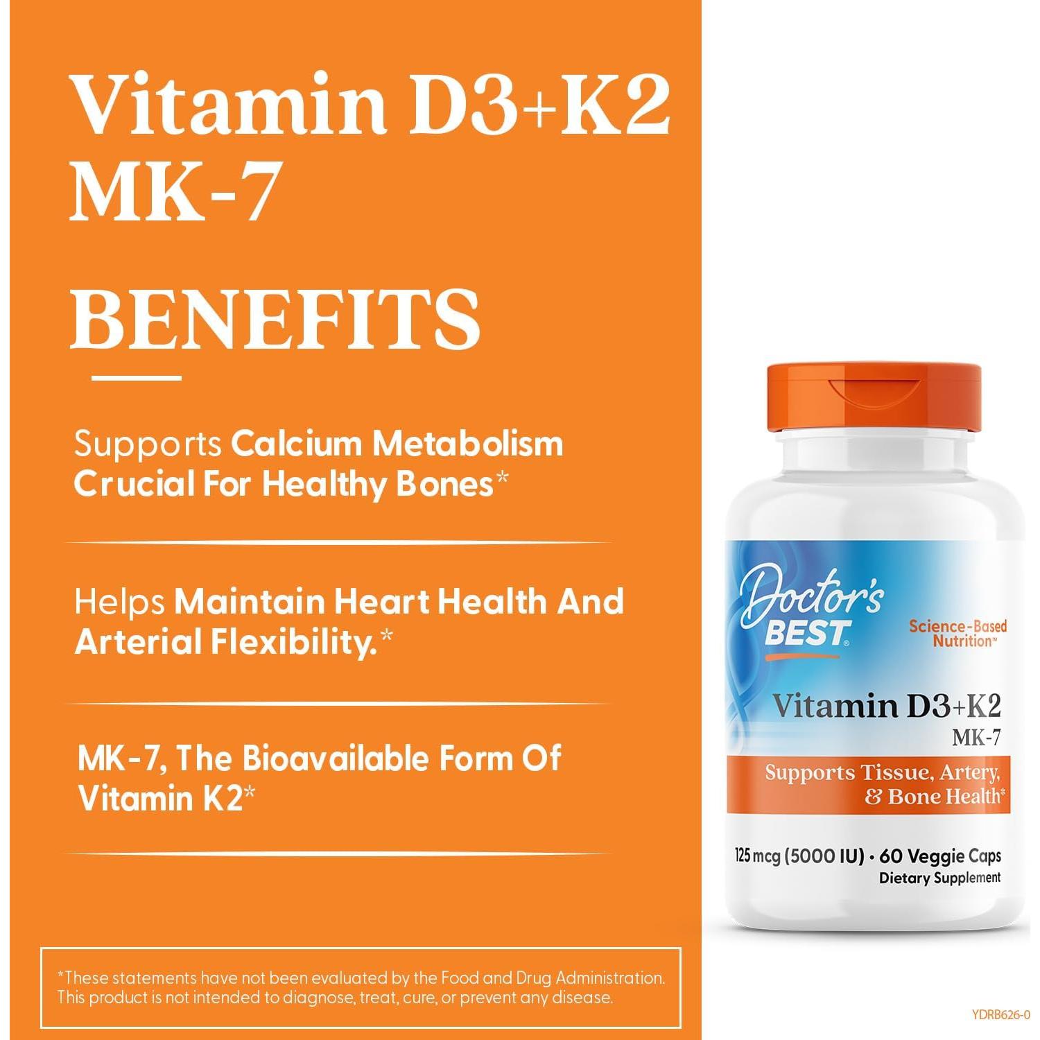 Vitamina D3 5000 UI + K2 MK-7 Doctor's Best 60 Cápsulas