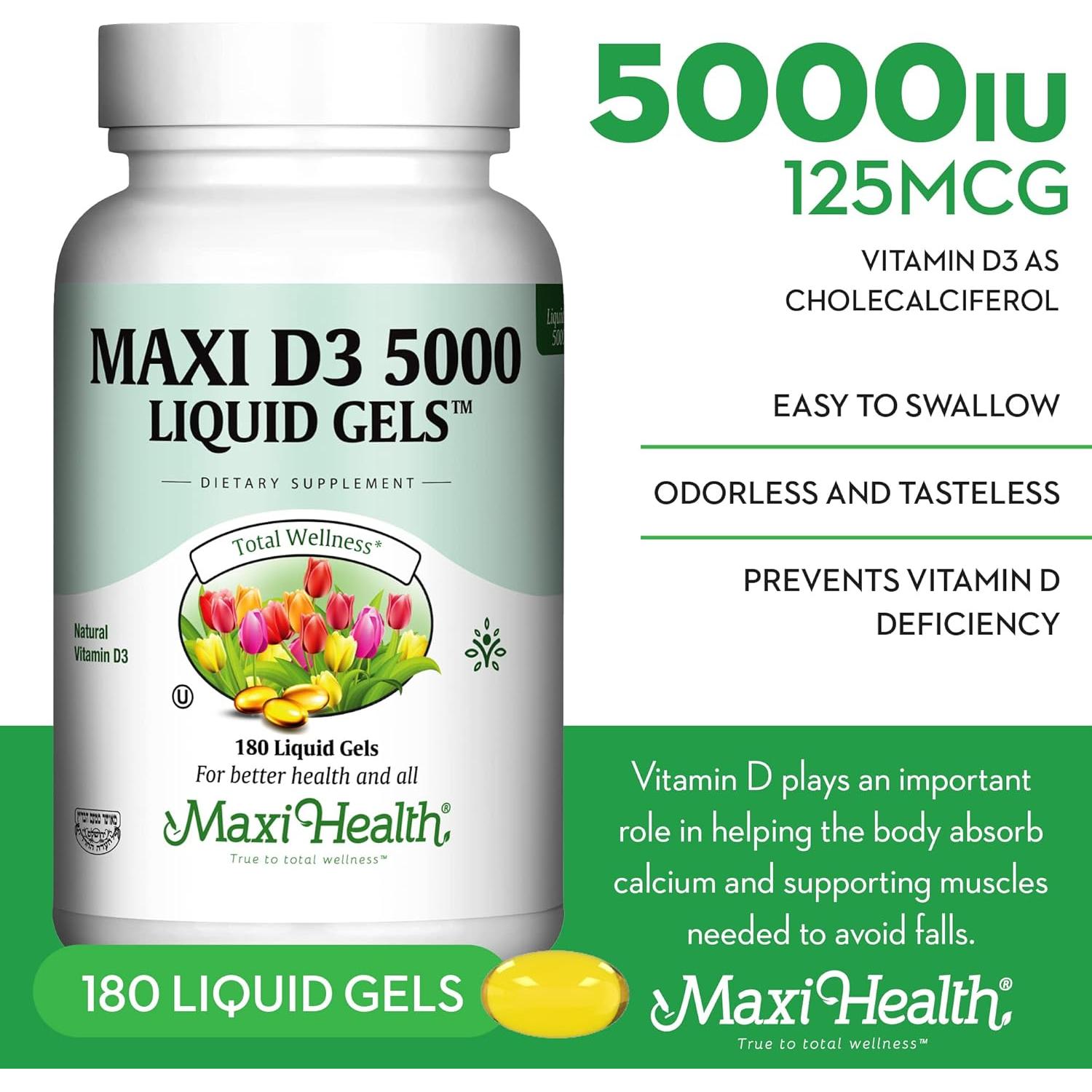 Maxi Health D3 5000 UI - Vitamina D3 Natural - 180 Cápsulas