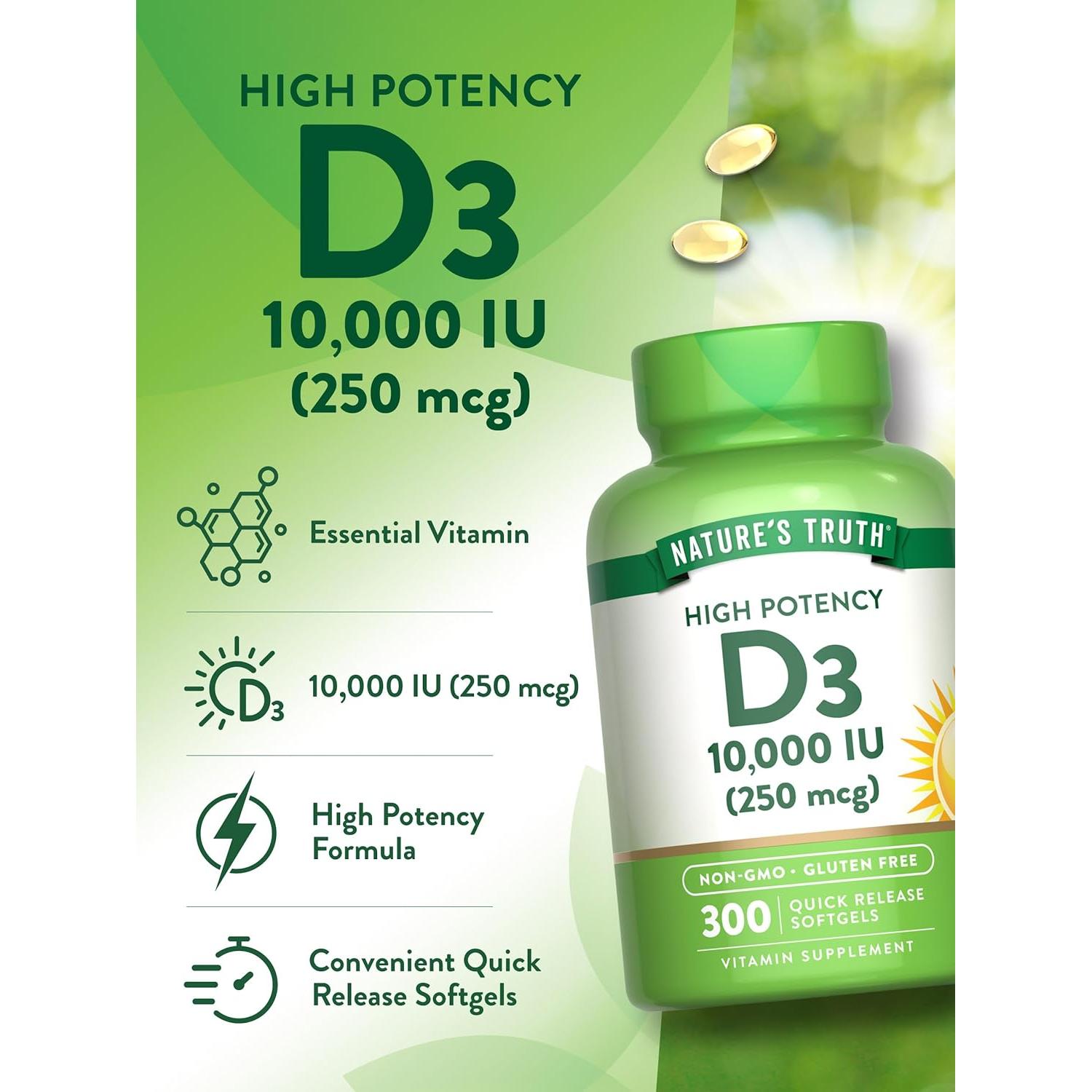 Suplemento Vitamina D3 10000 UI Nature's Truth 300 Softgels