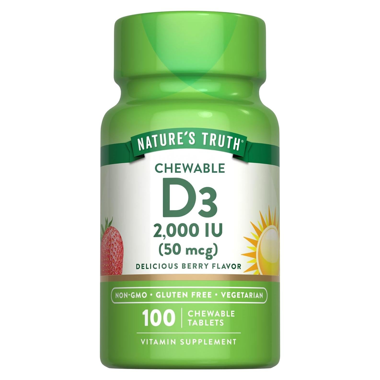 Suplemento Masticable Vitamina D3 2000 UI Verdad de la Naturaleza 100 Tabletas Sabor Baya