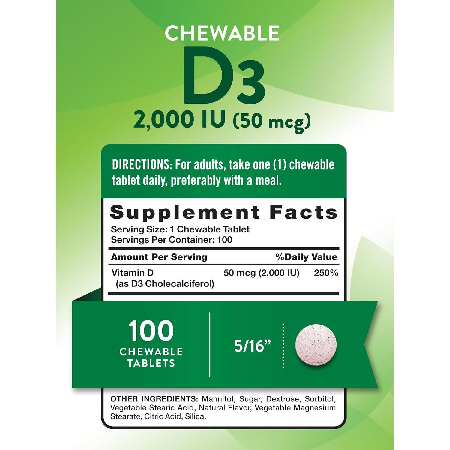 Suplemento Masticable Vitamina D3 2000 UI Verdad de la Naturaleza 100 Tabletas Sabor Baya