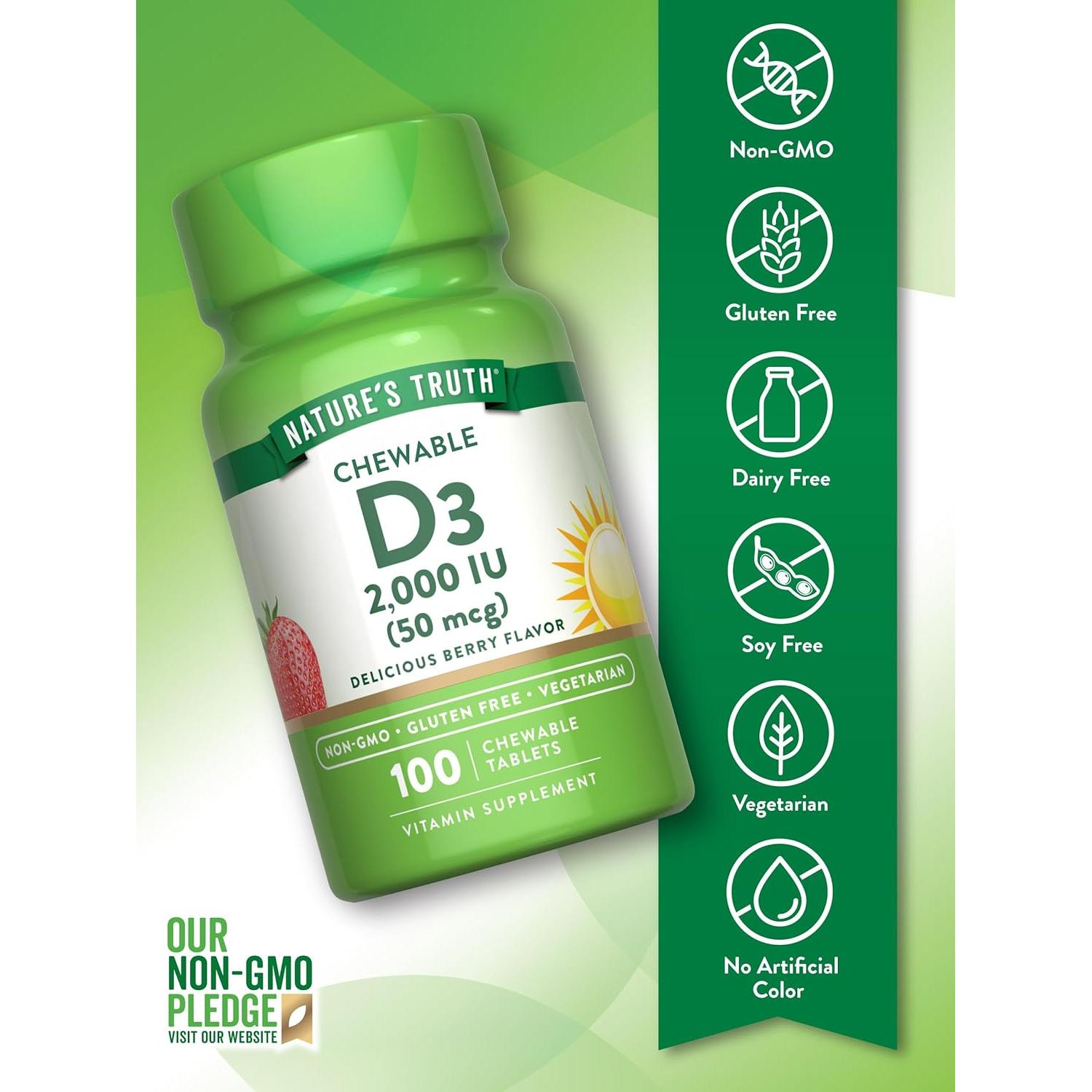 Suplemento Masticable Vitamina D3 2000 UI Verdad de la Naturaleza 100 Tabletas Sabor Baya