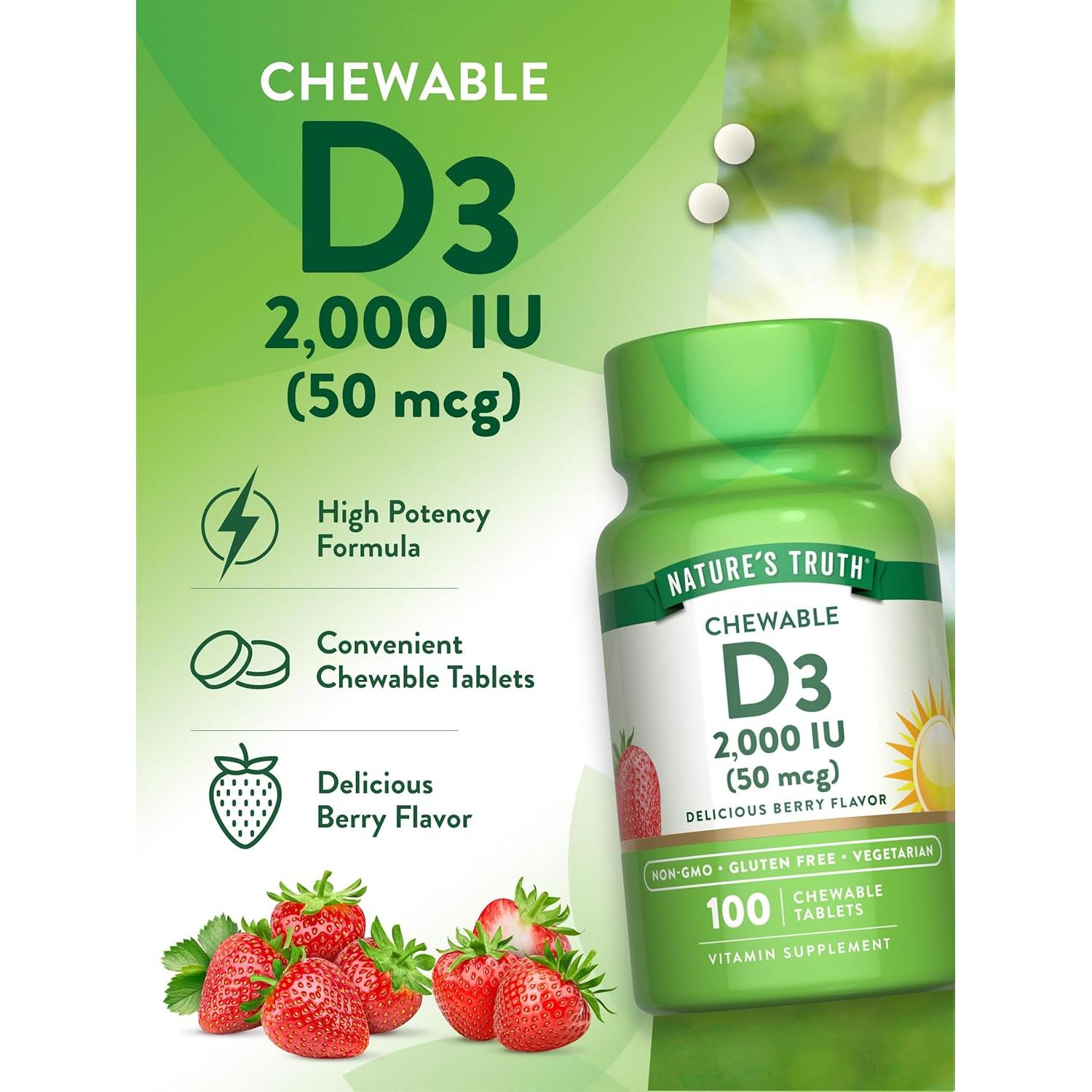 Suplemento Masticable Vitamina D3 2000 UI Verdad de la Naturaleza 100 Tabletas Sabor Baya