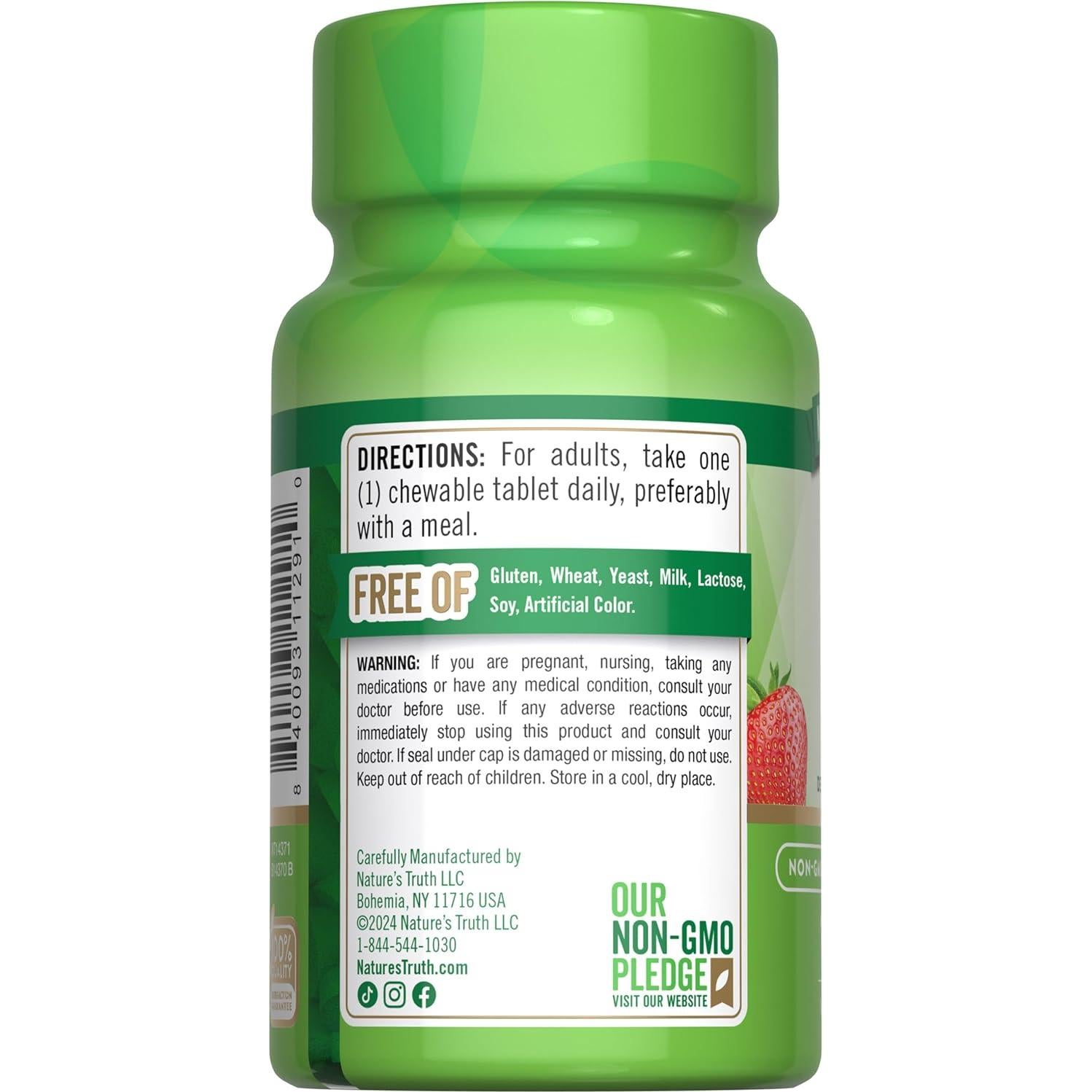 Suplemento Masticable Vitamina D3 2000 UI Verdad de la Naturaleza 100 Tabletas Sabor Baya