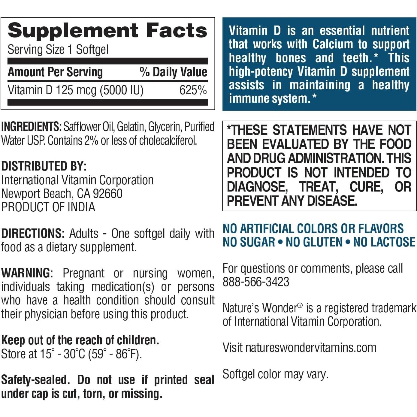 Vitamina D3 5000 IU Maravilla de la Naturaleza 360 Cápsulas