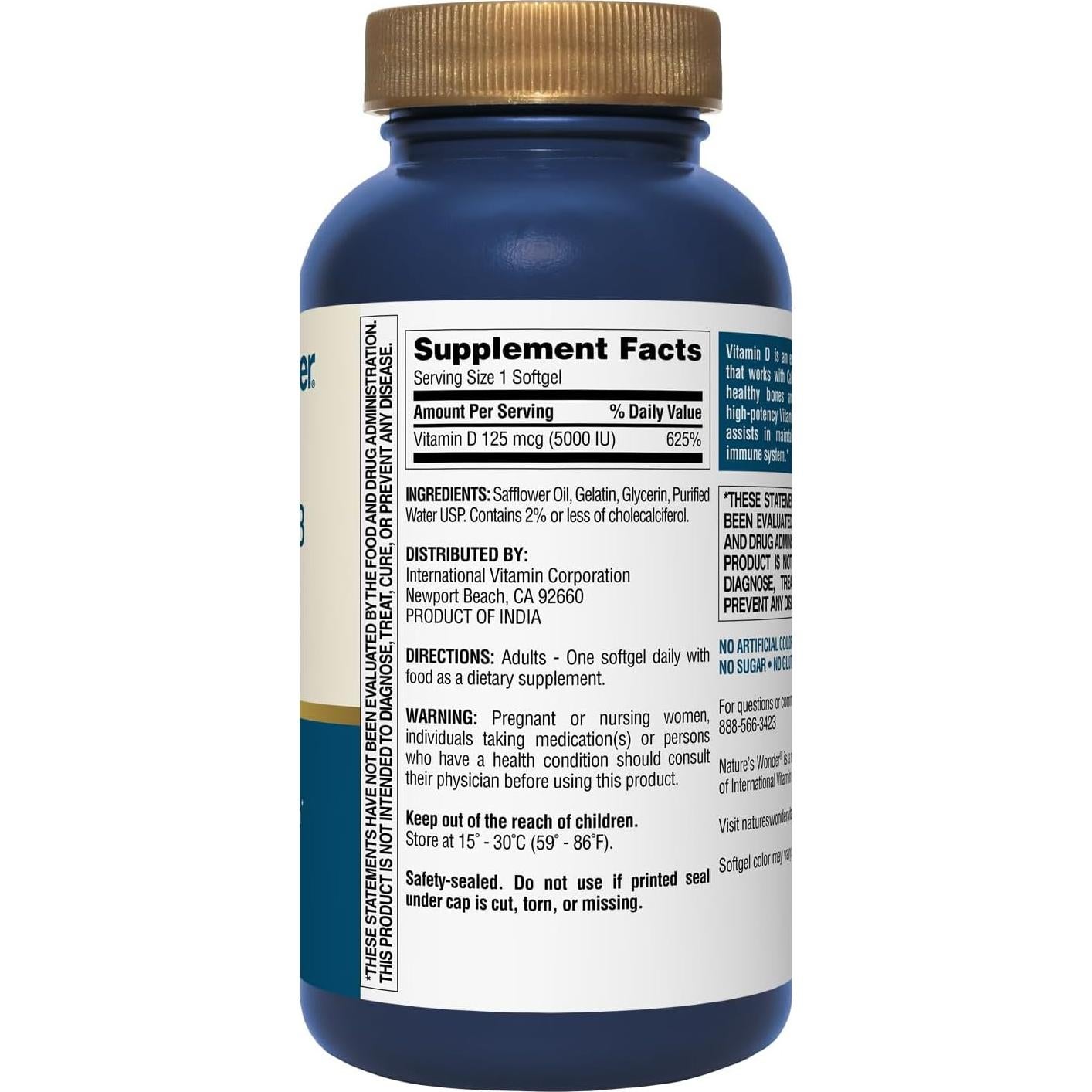 Vitamina D3 5000 IU Maravilla de la Naturaleza 360 Cápsulas