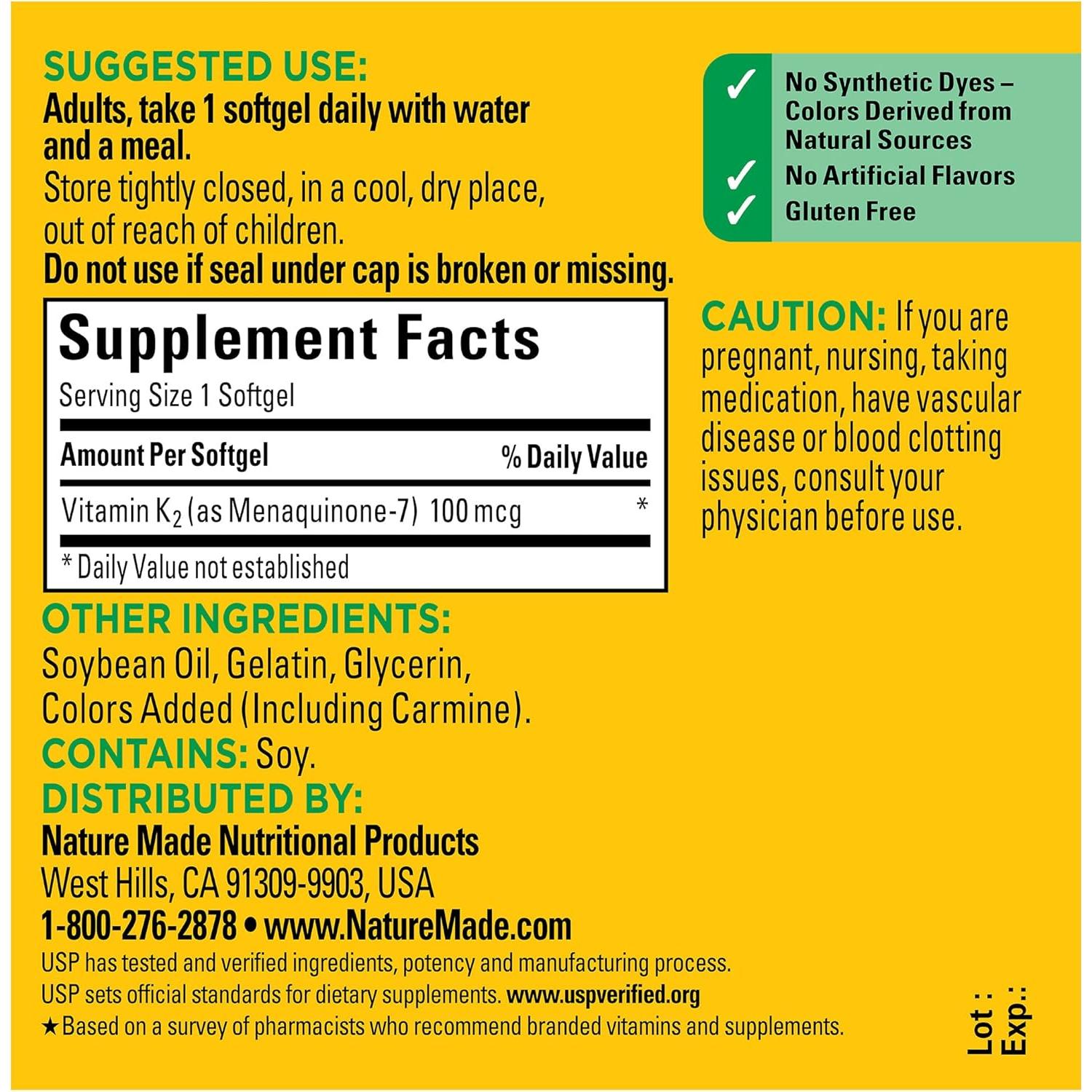 Suplemento Vitamina K2 100 mcg Nature Made 30 Softgels