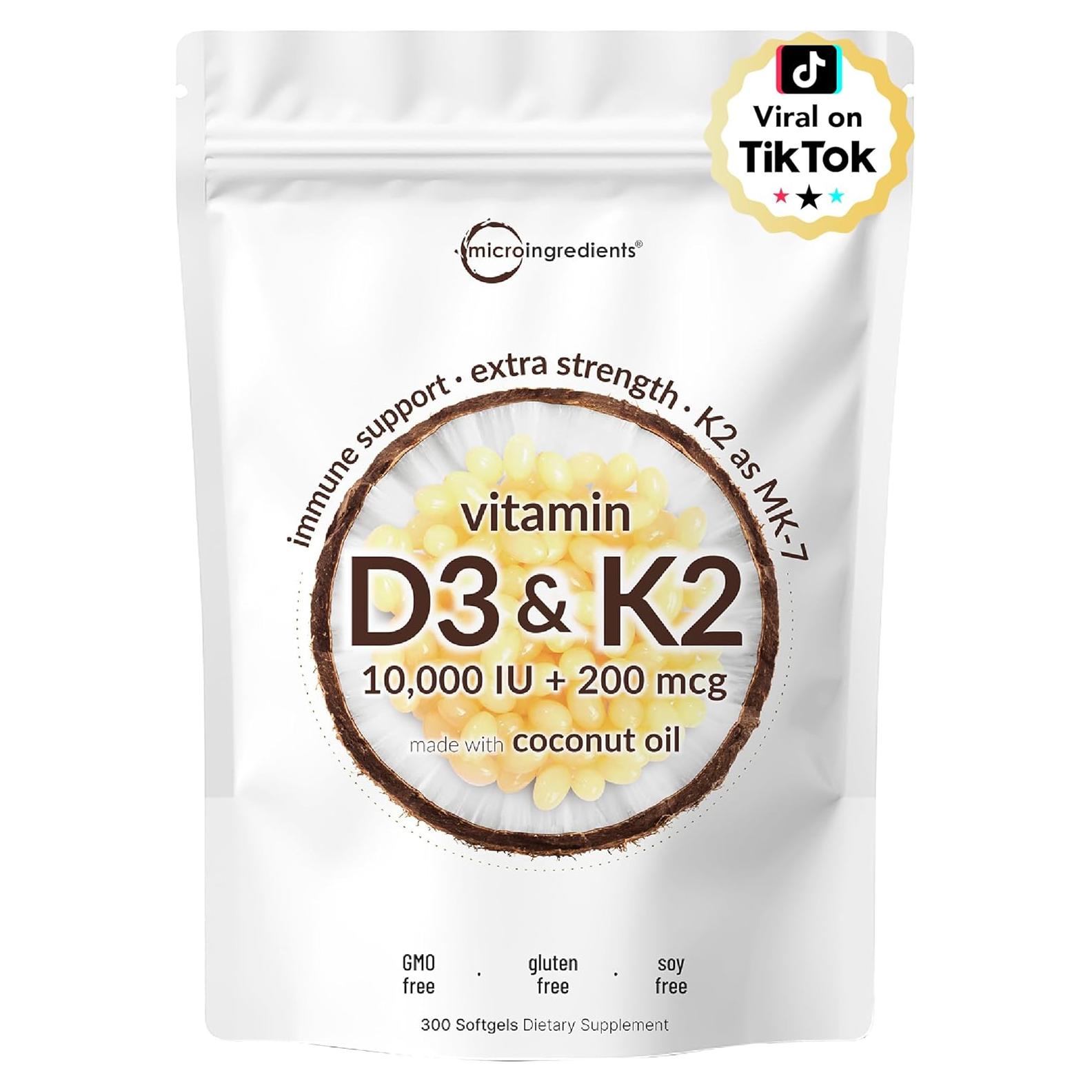 Suplemento Vitamina D3 10,000 UI + K2 200 mcg Micro Ingredients 300 Softgels