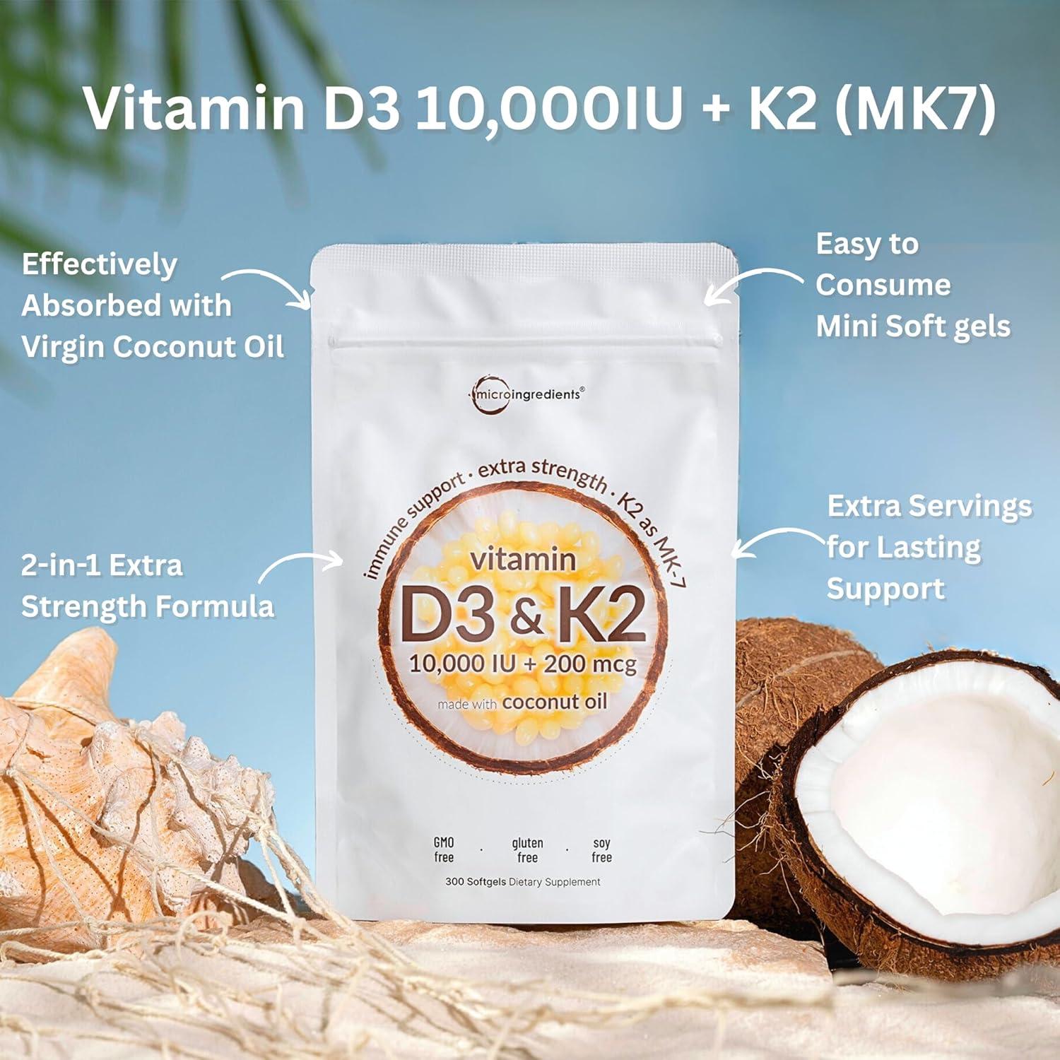 Suplemento Vitamina D3 10,000 UI + K2 200 mcg Micro Ingredients 300 Softgels