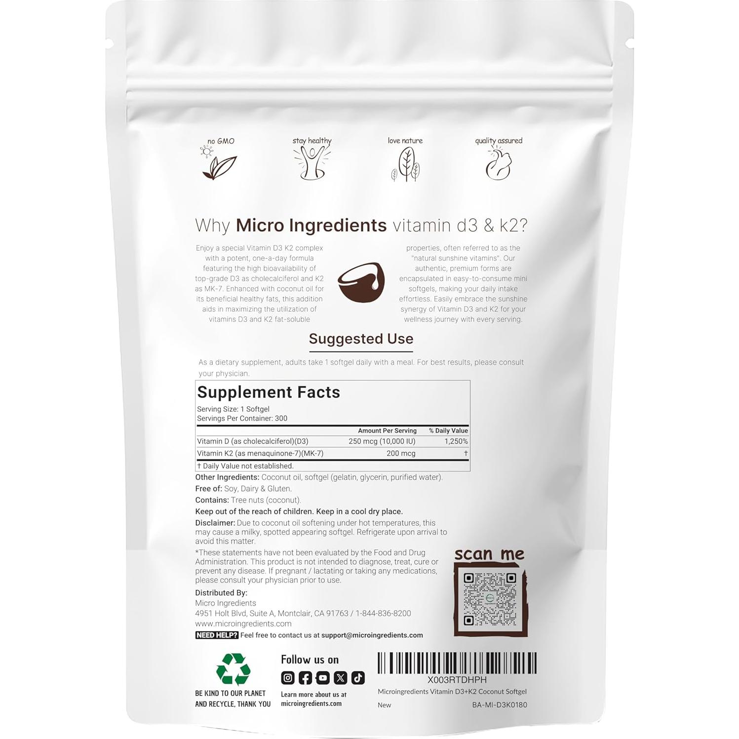 Suplemento Vitamina D3 10,000 UI + K2 200 mcg Micro Ingredients 300 Softgels