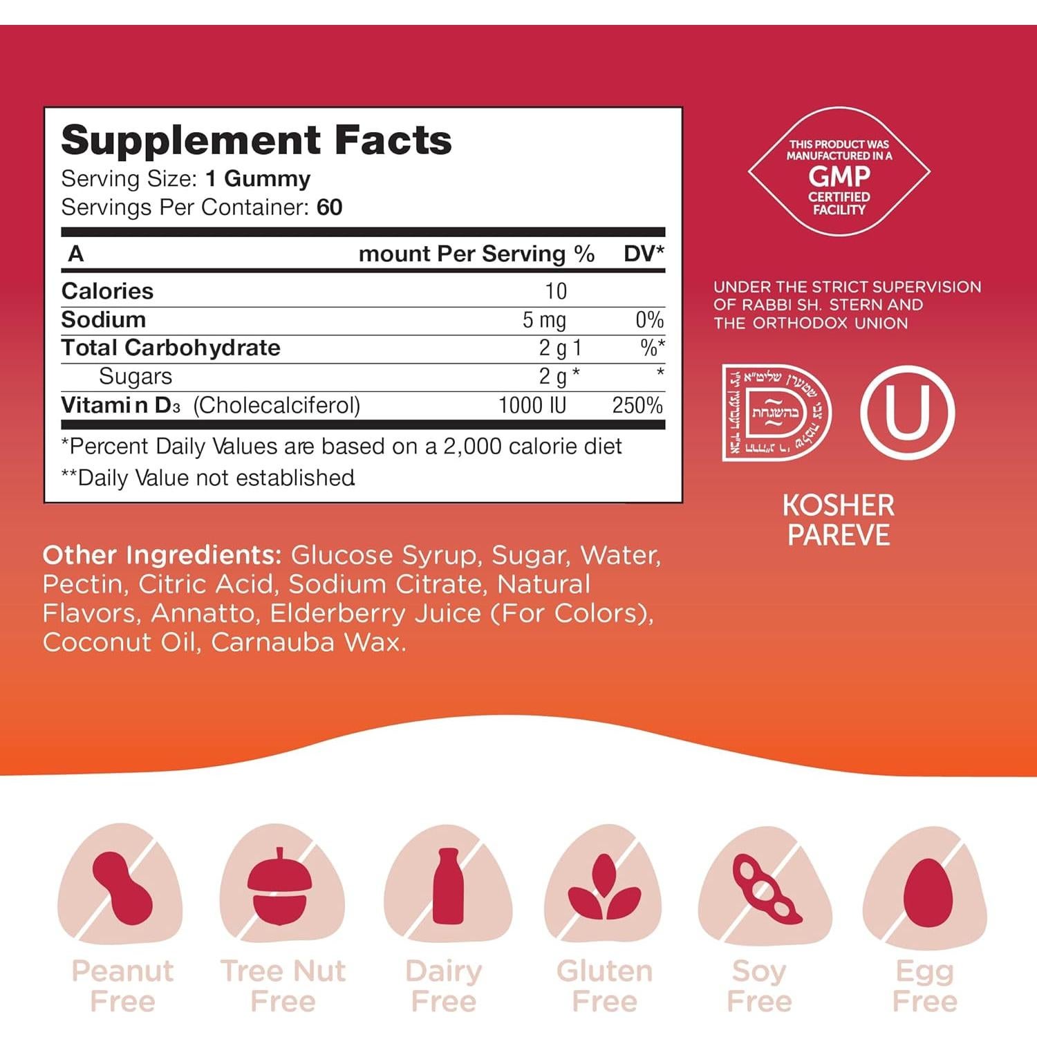 Gominolas de Vitamina D3 Zahler 1000 UI 60 Unidades Kosher