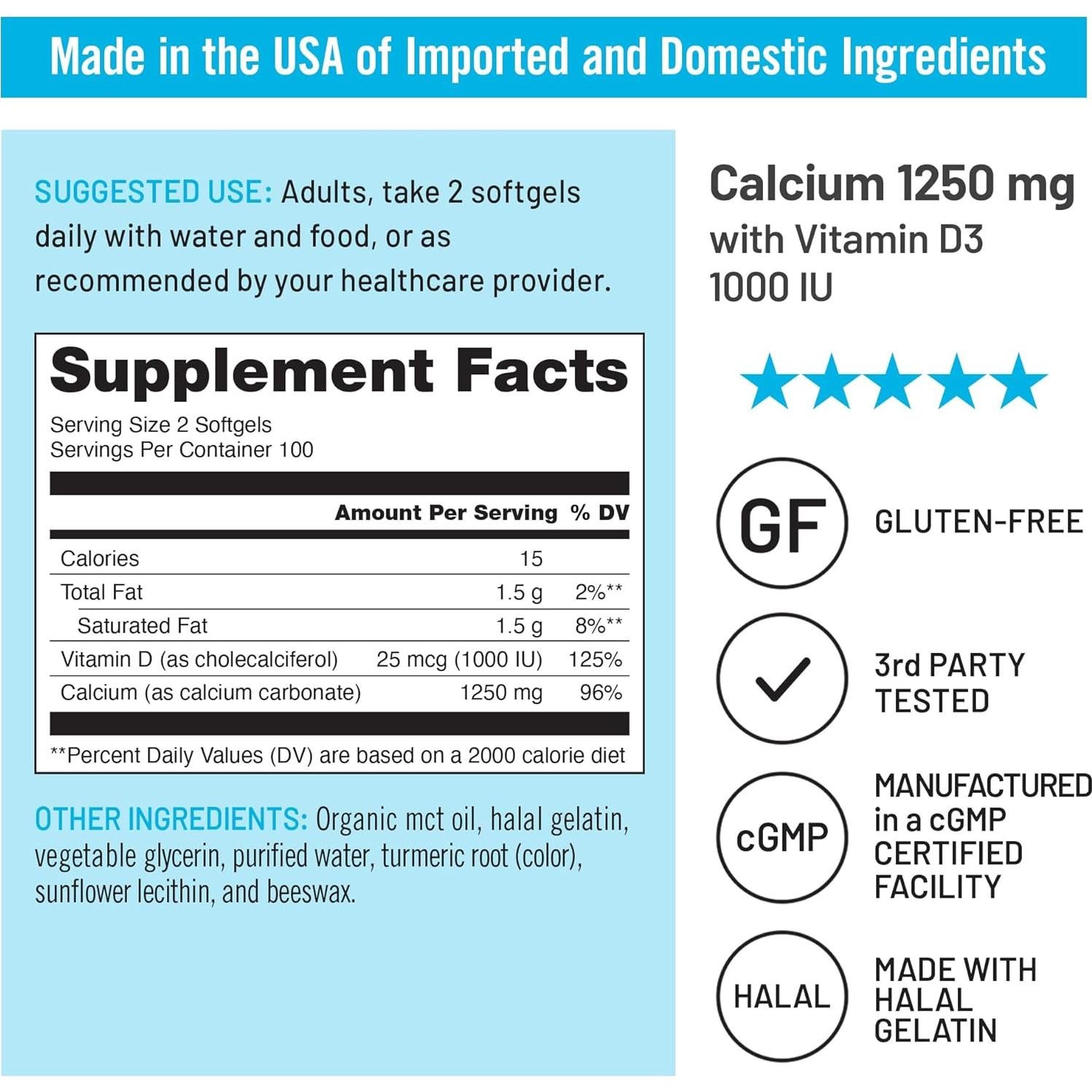 NatureWise Suplemento de Calcio 1250mg + Vitamina D3 1000UI
