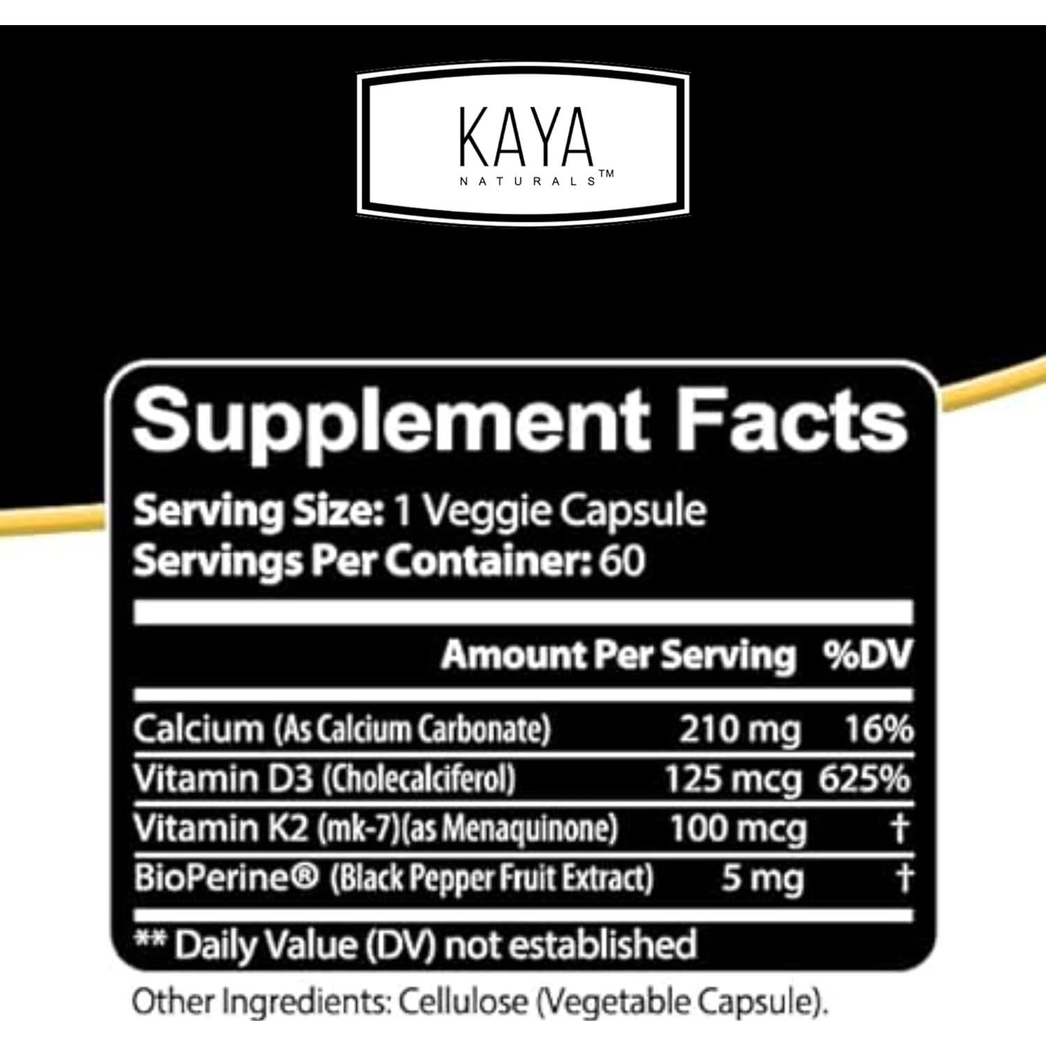 Kaya Naturals Vitaminas K2 + D3 180 Cápsulas Suplemento