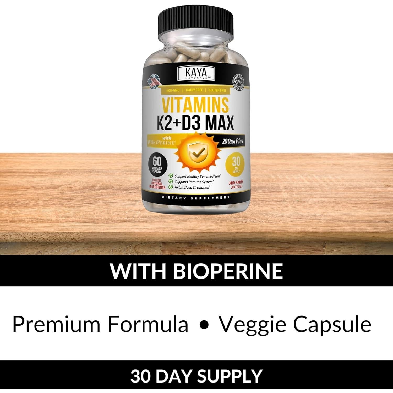 Kaya Naturals Vitaminas K2 + D3 180 Cápsulas Suplemento