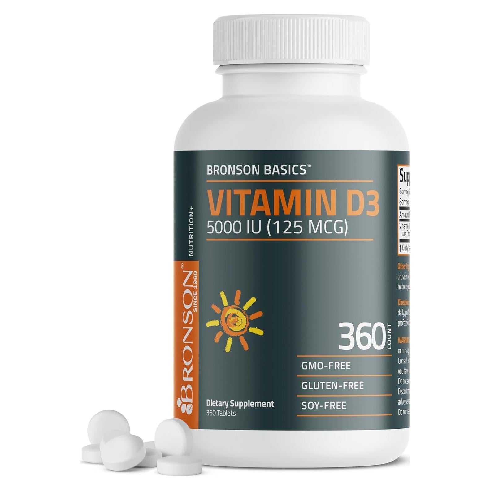 Vitamina D3 Bronson 5000 IU 360 Tabletas - Soporte Inmunológico