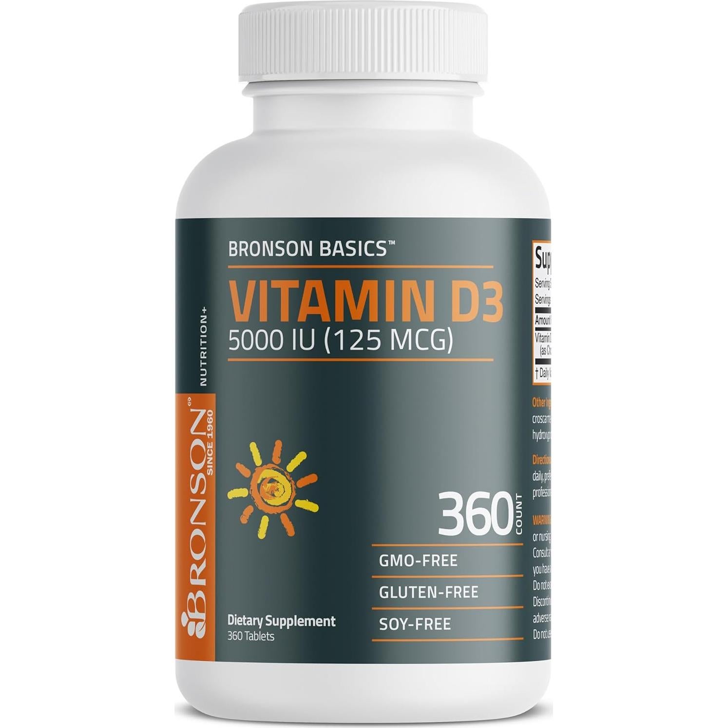 Vitamina D3 Bronson 5000 IU 360 Tabletas - Soporte Inmunológico