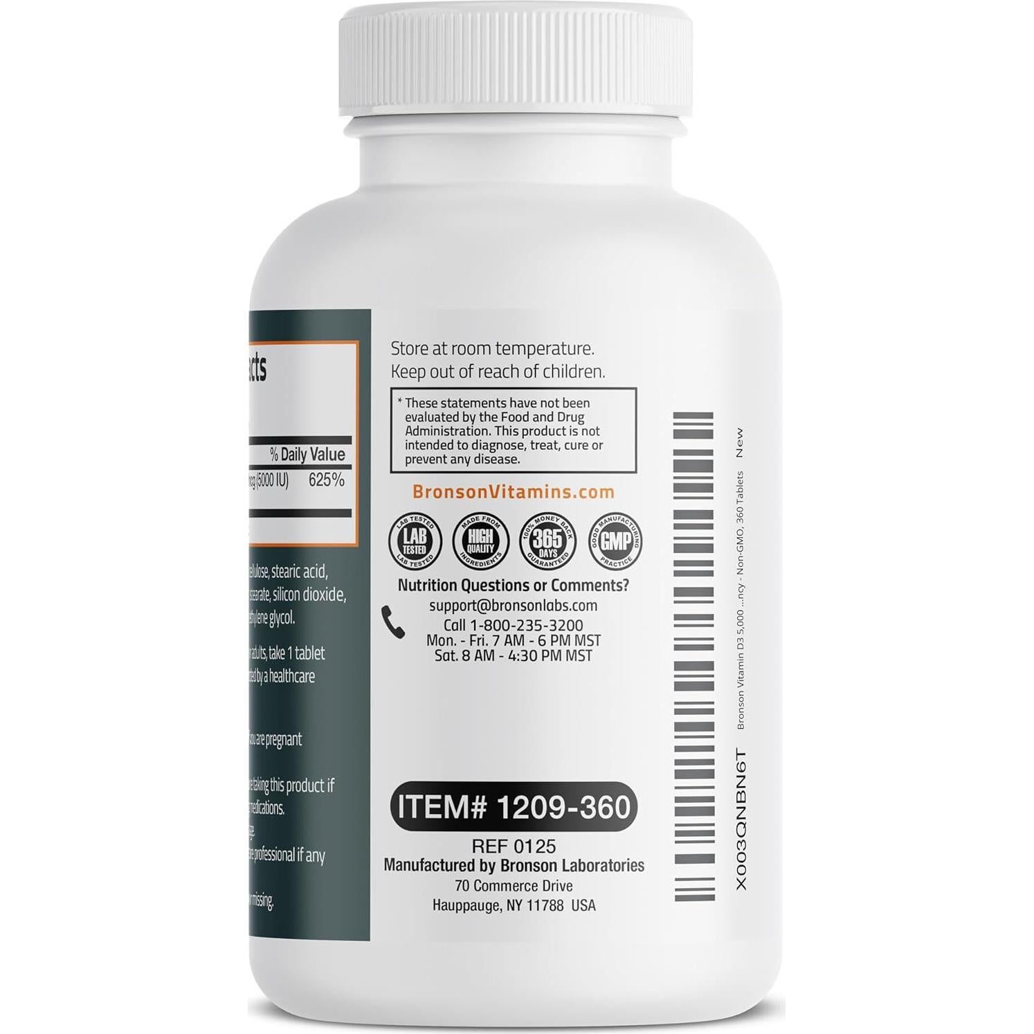 Vitamina D3 Bronson 5000 IU 360 Tabletas - Soporte Inmunológico