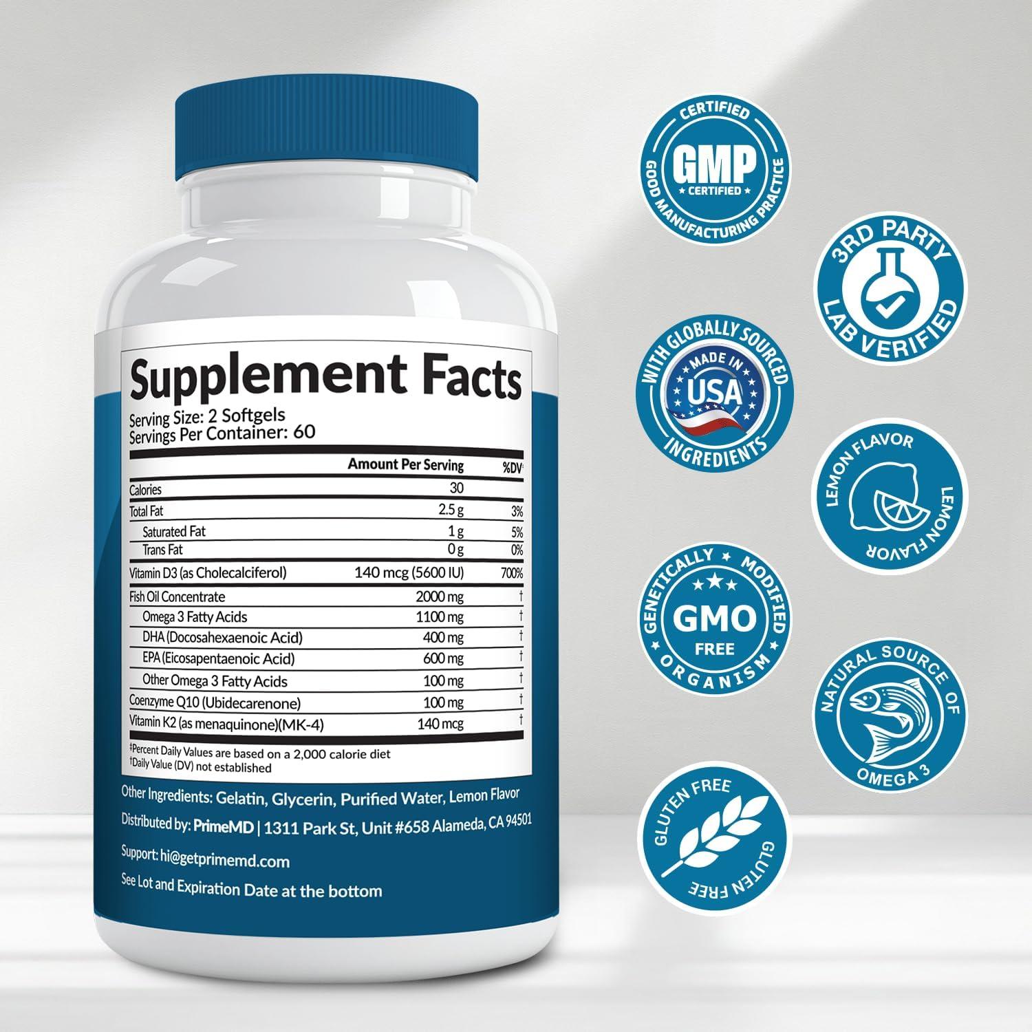 Suplemento Omega 3 PrimeMD 2100mg con D3 K2 y CoQ10 - 120 geles