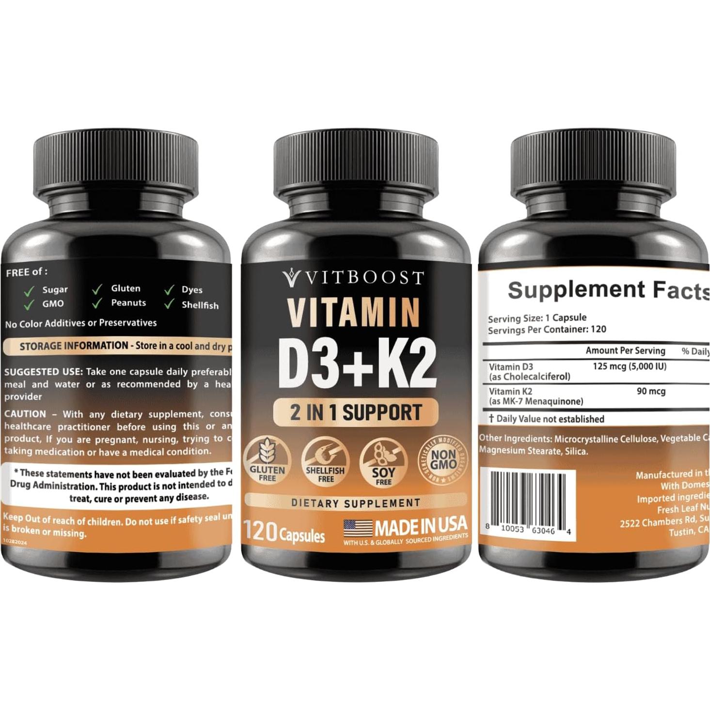 Vitamina D3 K2 5000 UI 125 mcg - Vitboost - 120 Cápsulas