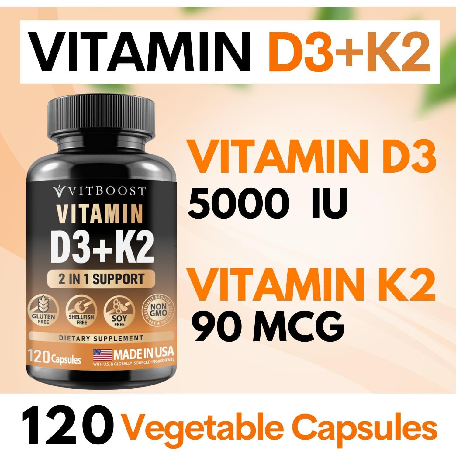 Vitamina D3 K2 5000 UI 125 mcg - Vitboost - 120 Cápsulas