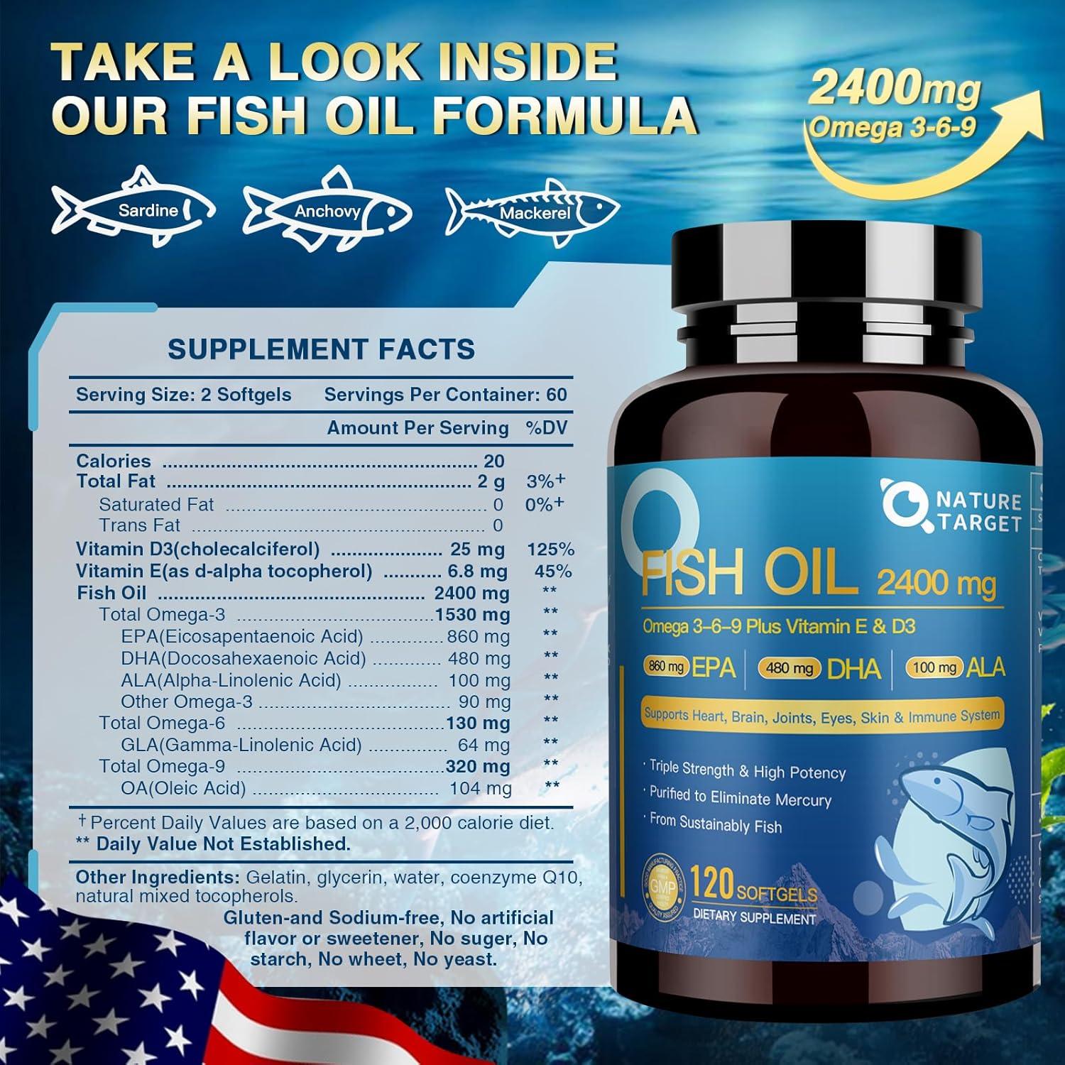 NATURE TARGET Aceite de Pescado Omega 3 6 9 2400mg 120 Cápsulas