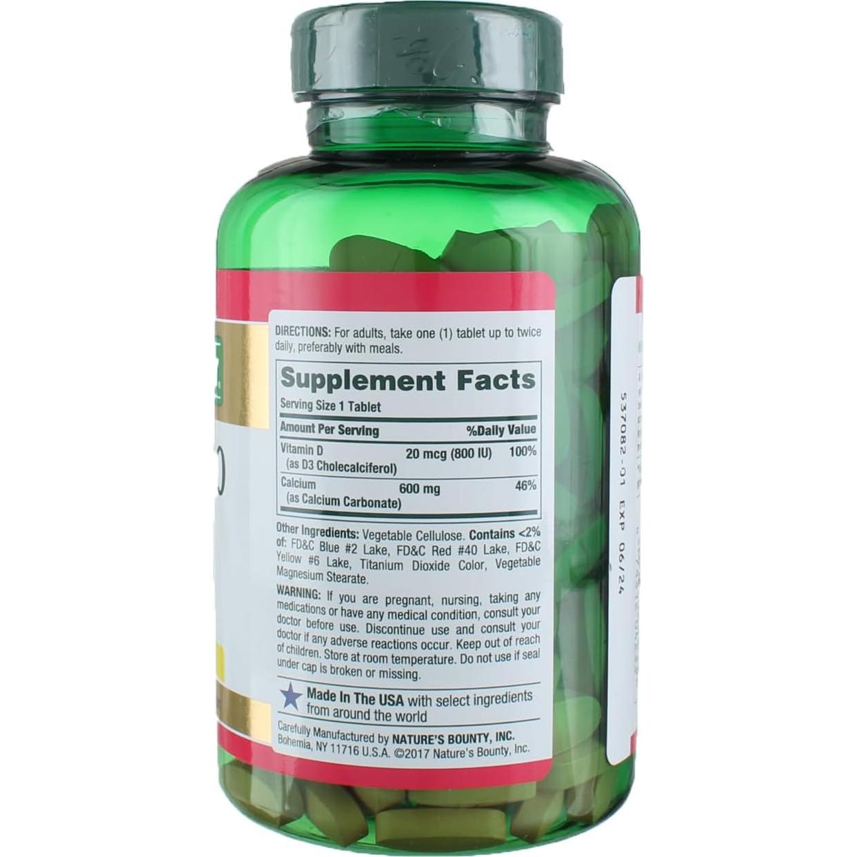 Nature's Bounty Carbonato de Calcio 600mg y Vitamina D3 800UI 250 Tabletas