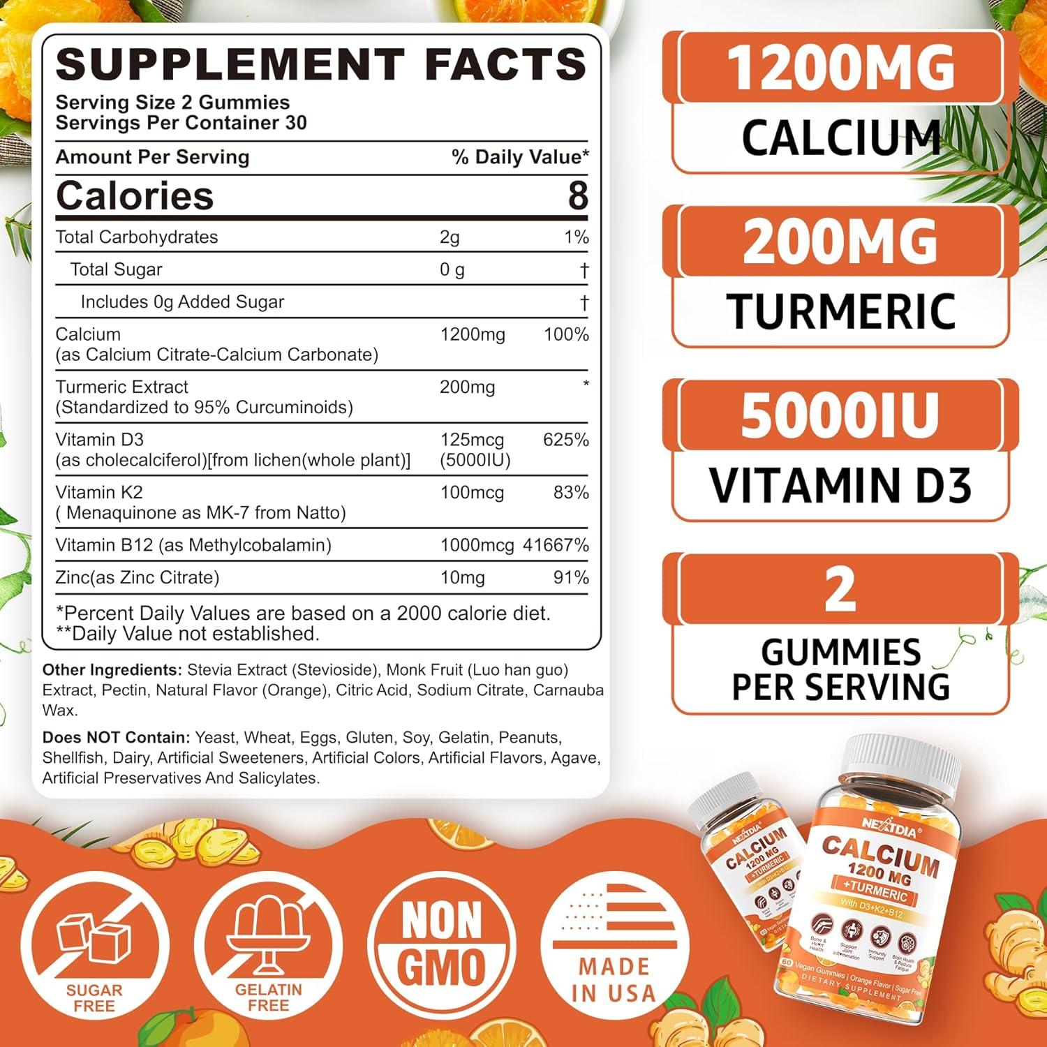 Suplemento de Calcio 1200mg con Vitamina D3 K2 B12 - Vegano