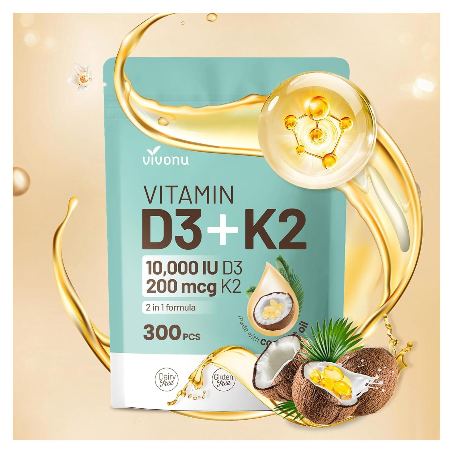 Vitamina D3 K2 10000 UI VivoNu 300 Softgels Aceite de Coco