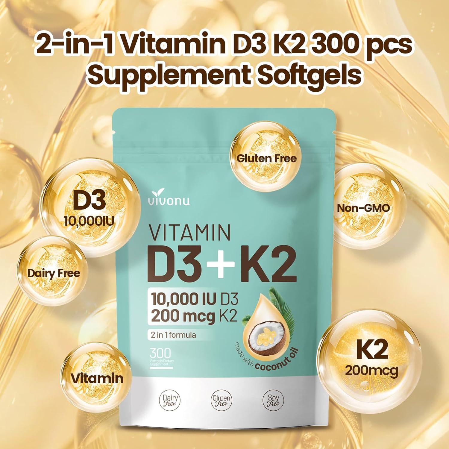 Vitamina D3 K2 10000 UI VivoNu 300 Softgels Aceite de Coco