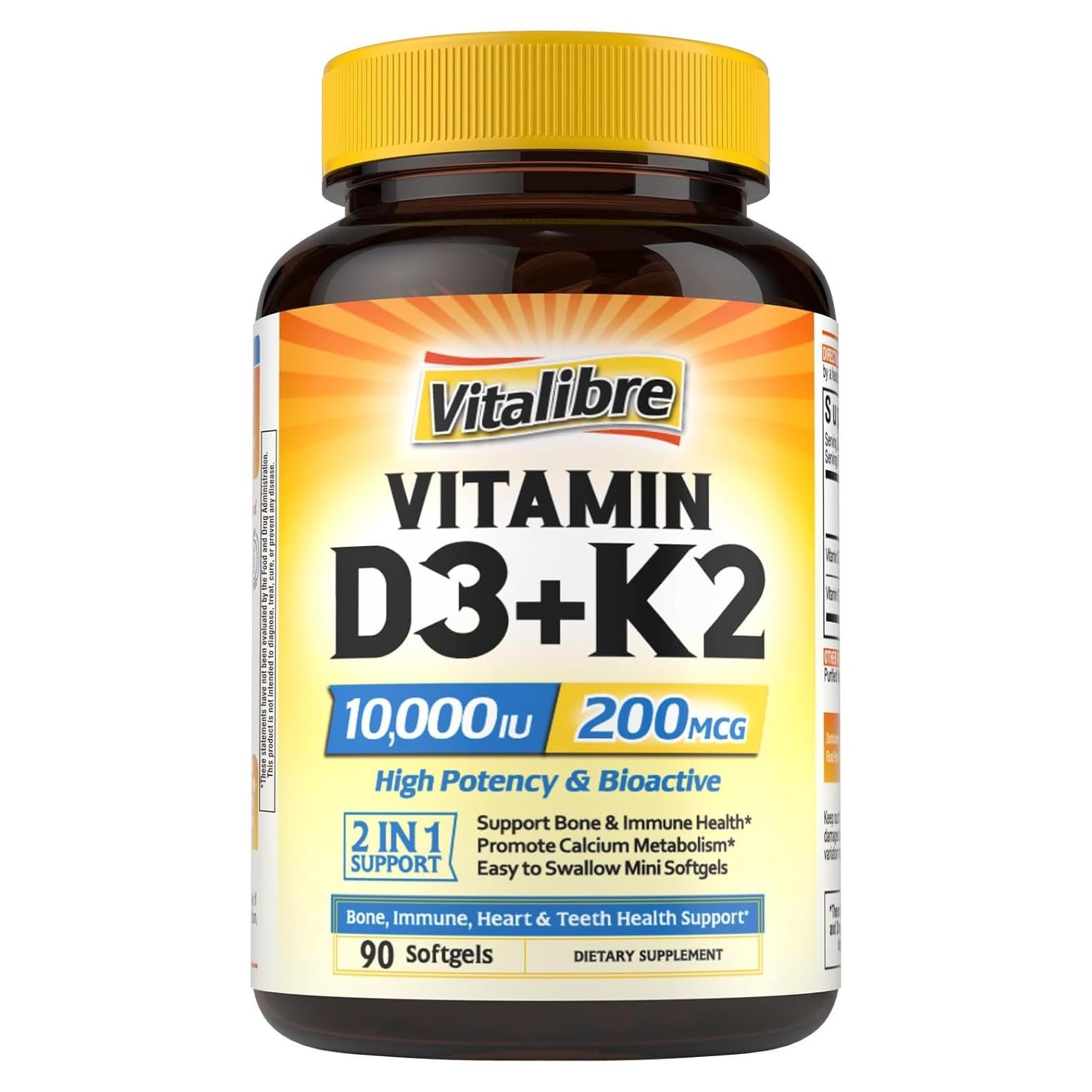 Suplemento Vitamina D3 K2 Vitalibre 10000 UI 200 mcg 90 Gelatinas