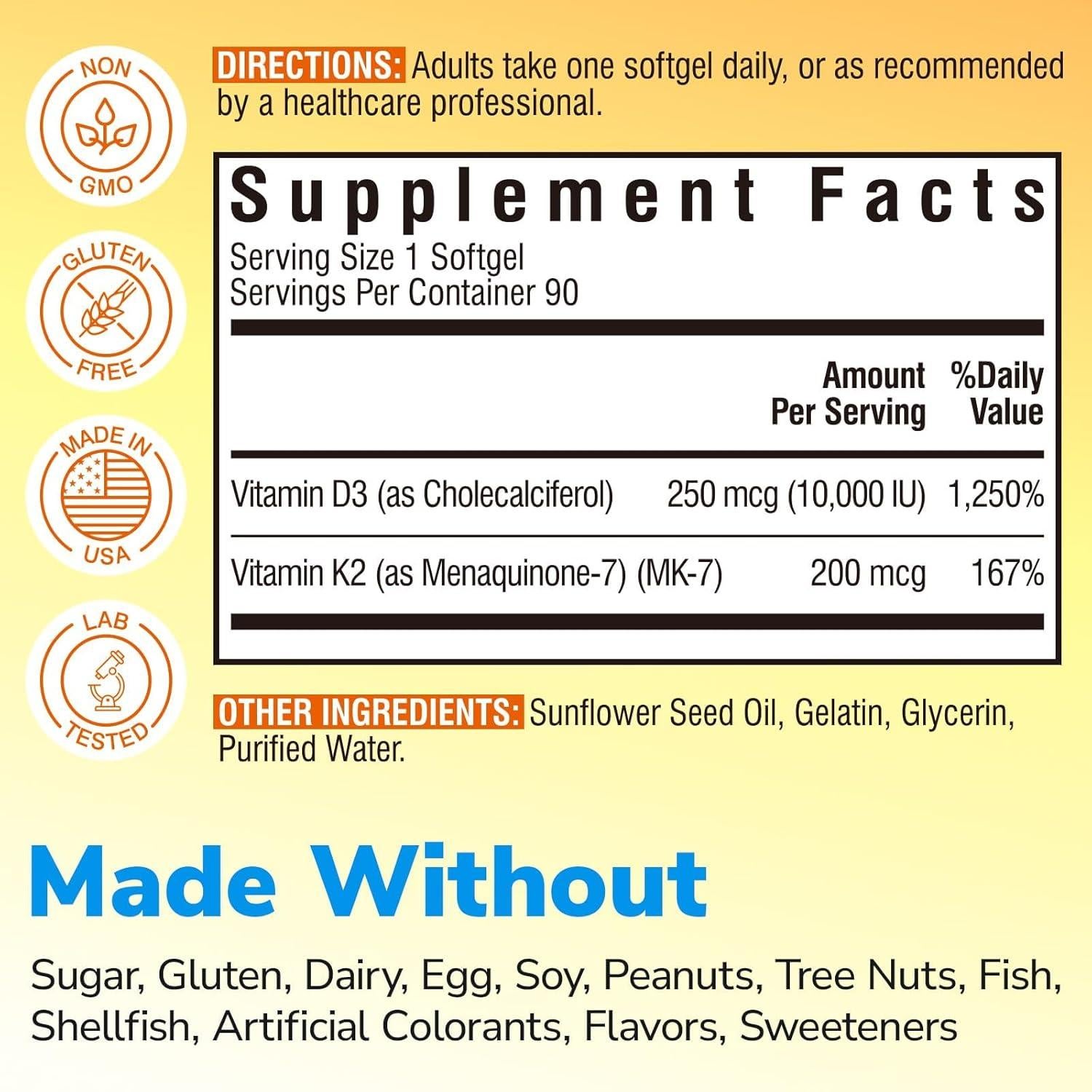 Suplemento Vitamina D3 K2 Vitalibre 10000 UI 200 mcg 90 Gelatinas