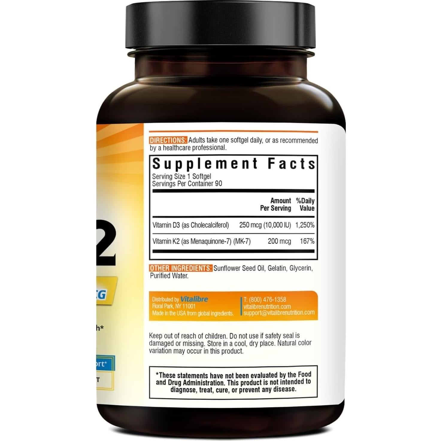 Suplemento Vitamina D3 K2 Vitalibre 10000 UI 200 mcg 90 Gelatinas