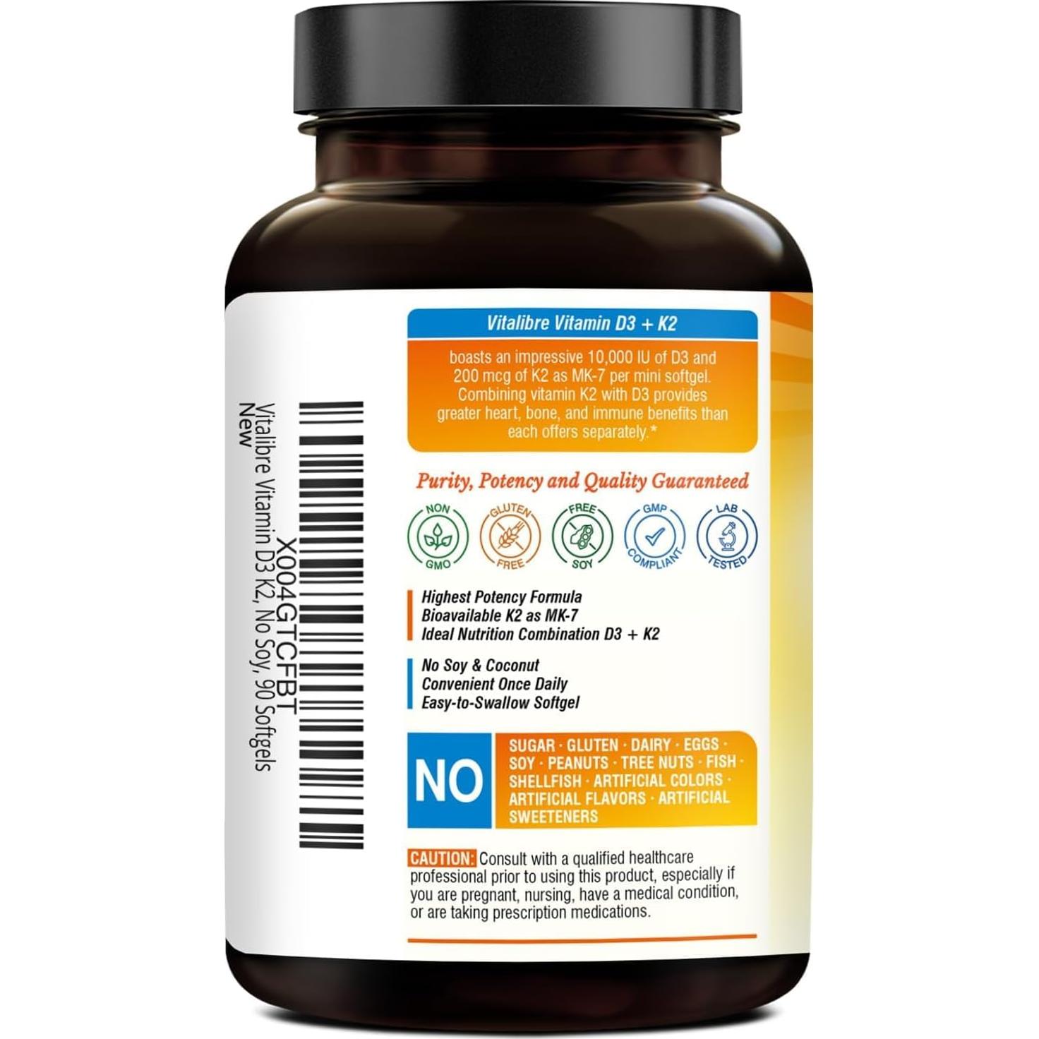 Suplemento Vitamina D3 K2 Vitalibre 10000 UI 200 mcg 90 Gelatinas