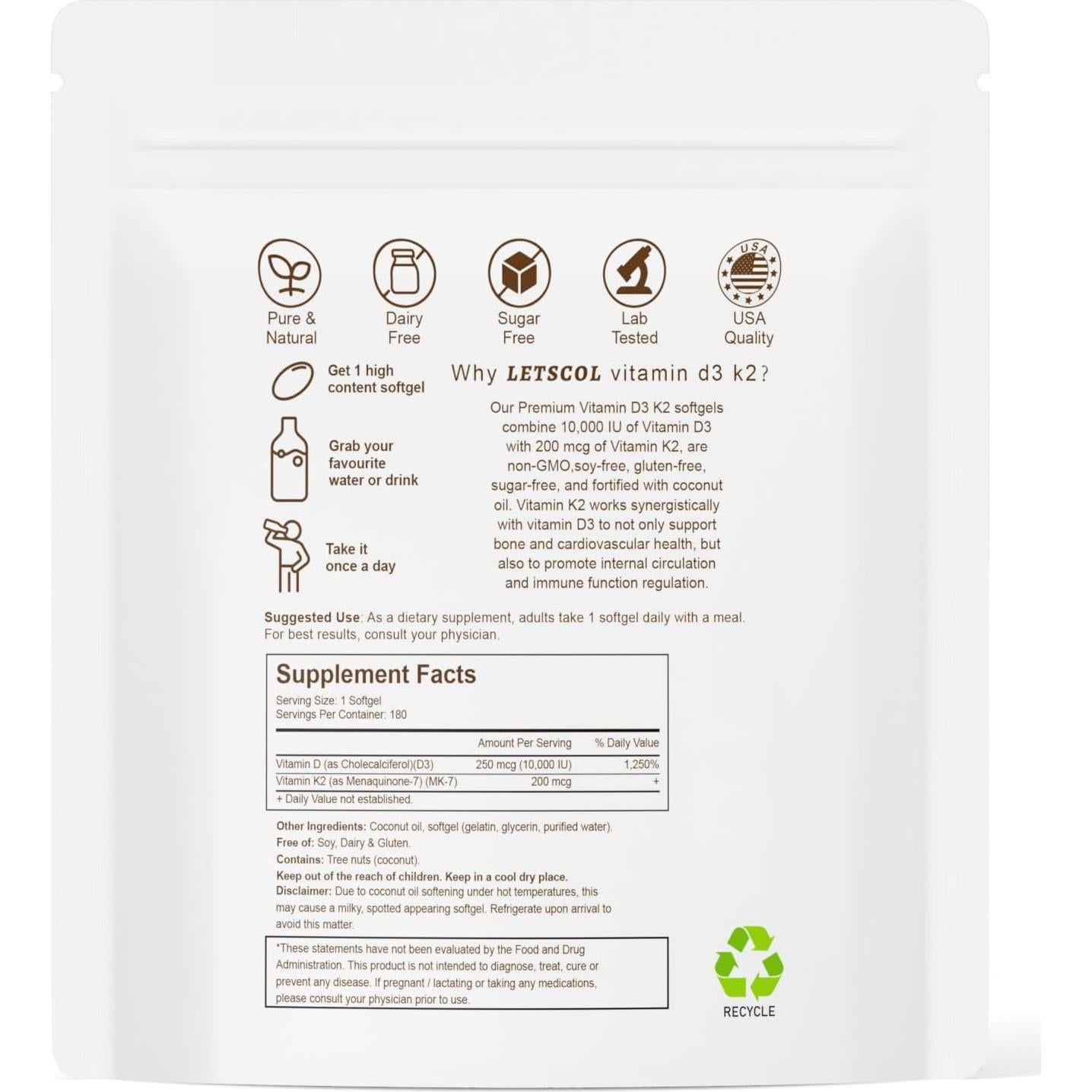 Suplemento Vitamina D3 K2 10000 UI 200 mcg Softgel LETSCOL