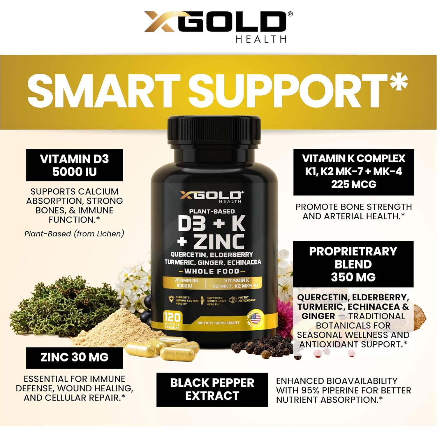 Suplemento 8 en 1 X Gold Health Vitamina D3 K2 Zinc 120 Cápsulas