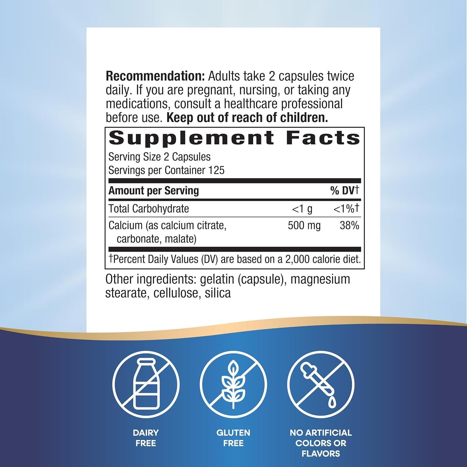 Citrato de Calcio Nature's Way 500 mg 250 Cápsulas Salud Ósea