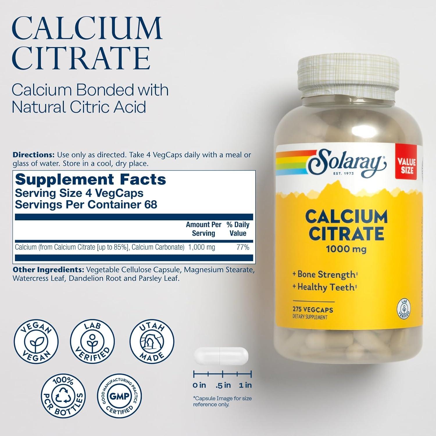 Citrato de Calcio Solaray 1000mg - Suplemento Vegano 275 VegCaps