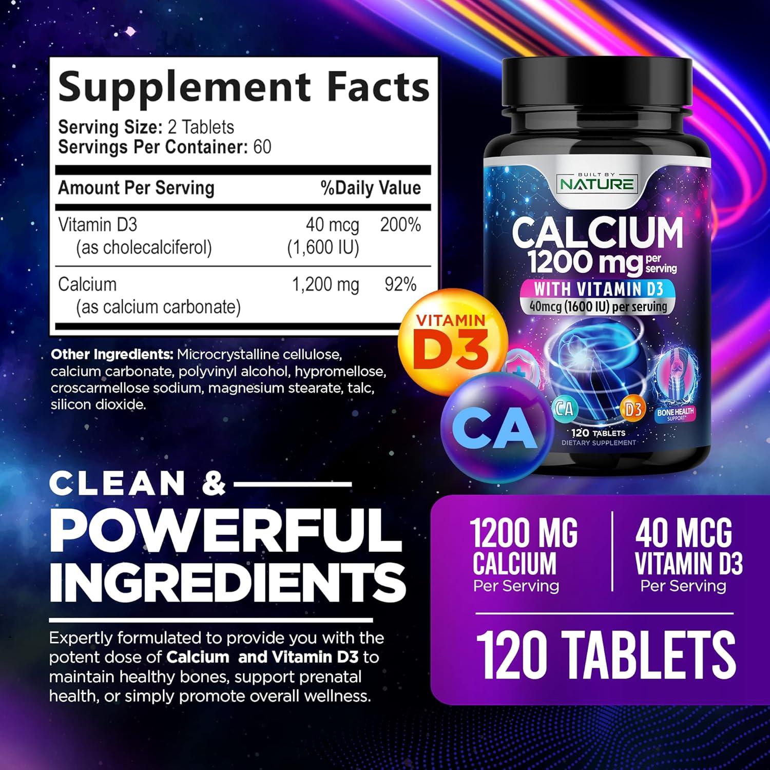 Suplemento de Calcio 1200mg con Vitamina D3 - 120 Tabletas